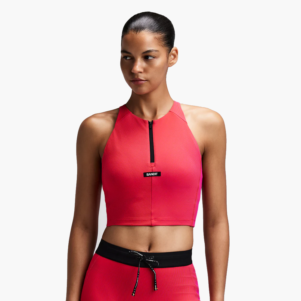 Women's Striped Cadence Zip Front Race Crop — Poppy / Azalea — image 2