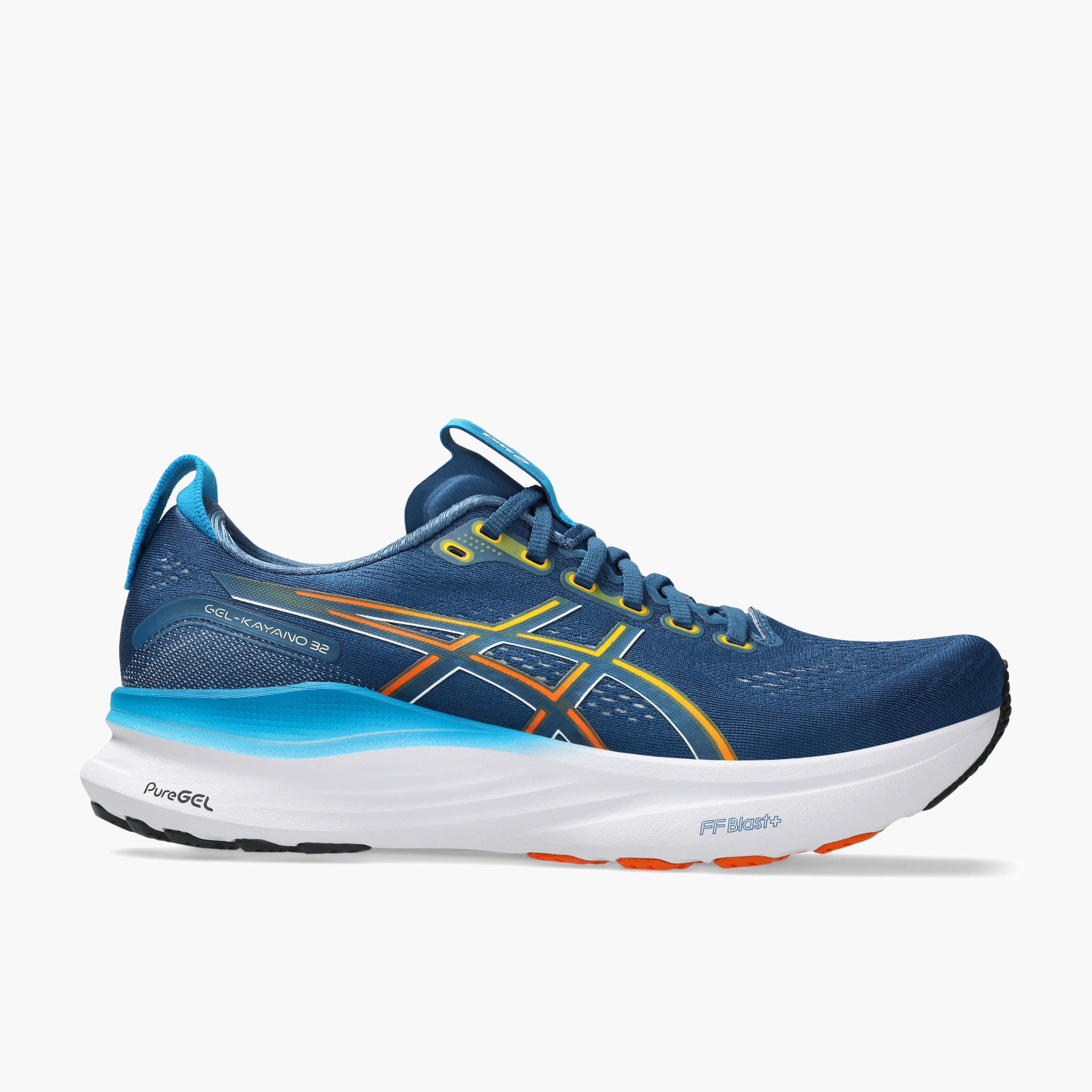 Lateral angle shot of Men's Gel-Kayano 32 in Twilight Blue / Anzu