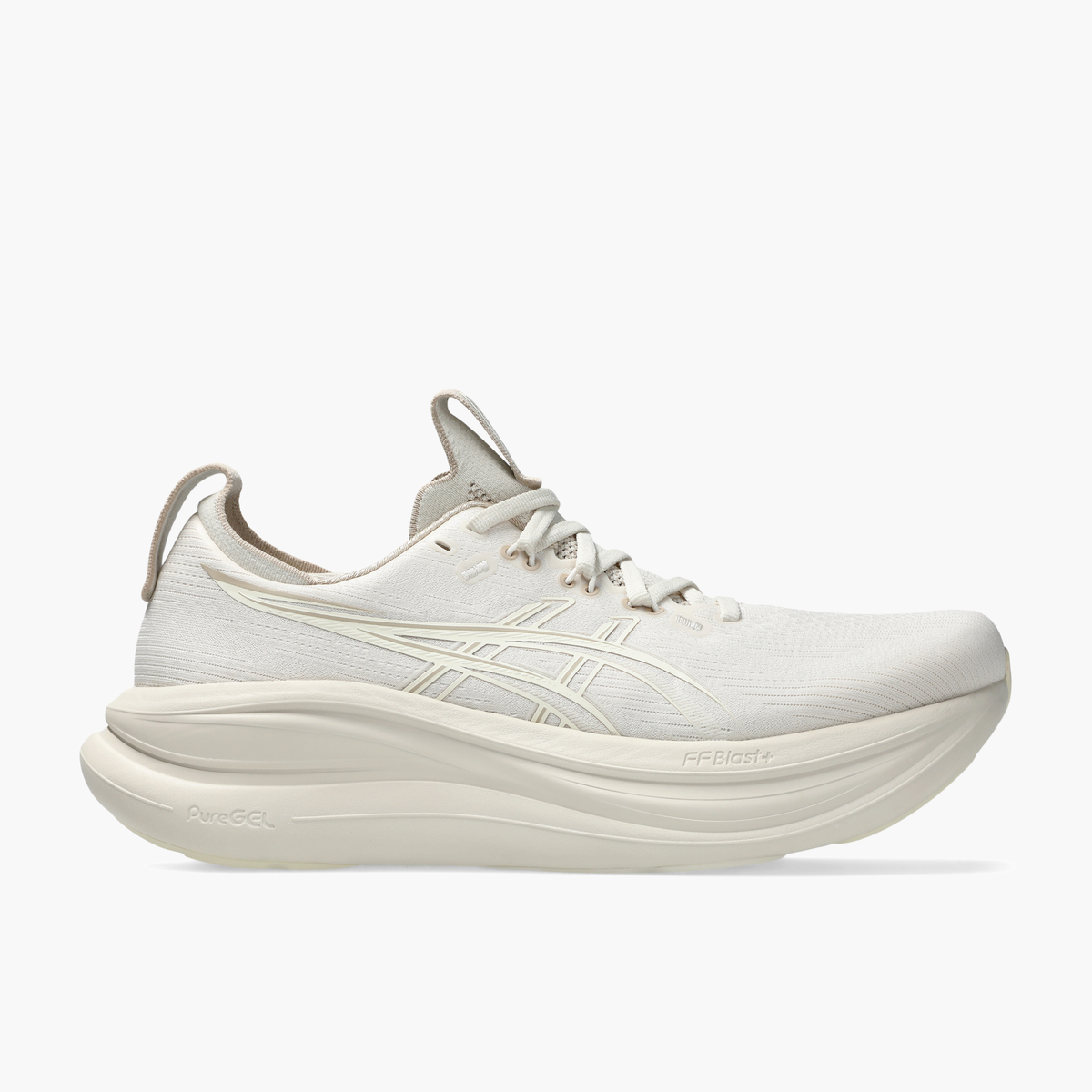Lateral angle shot of Men's Gel-Nimbus 28 in Soft Oat / Cream