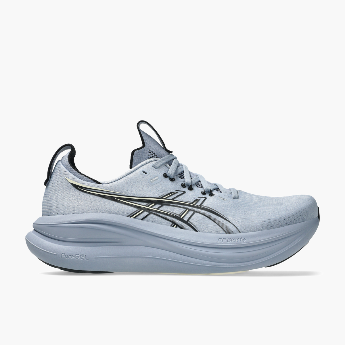 Lateral angle shot of Men's Gel-Nimbus 28 in Grey Blue / Black