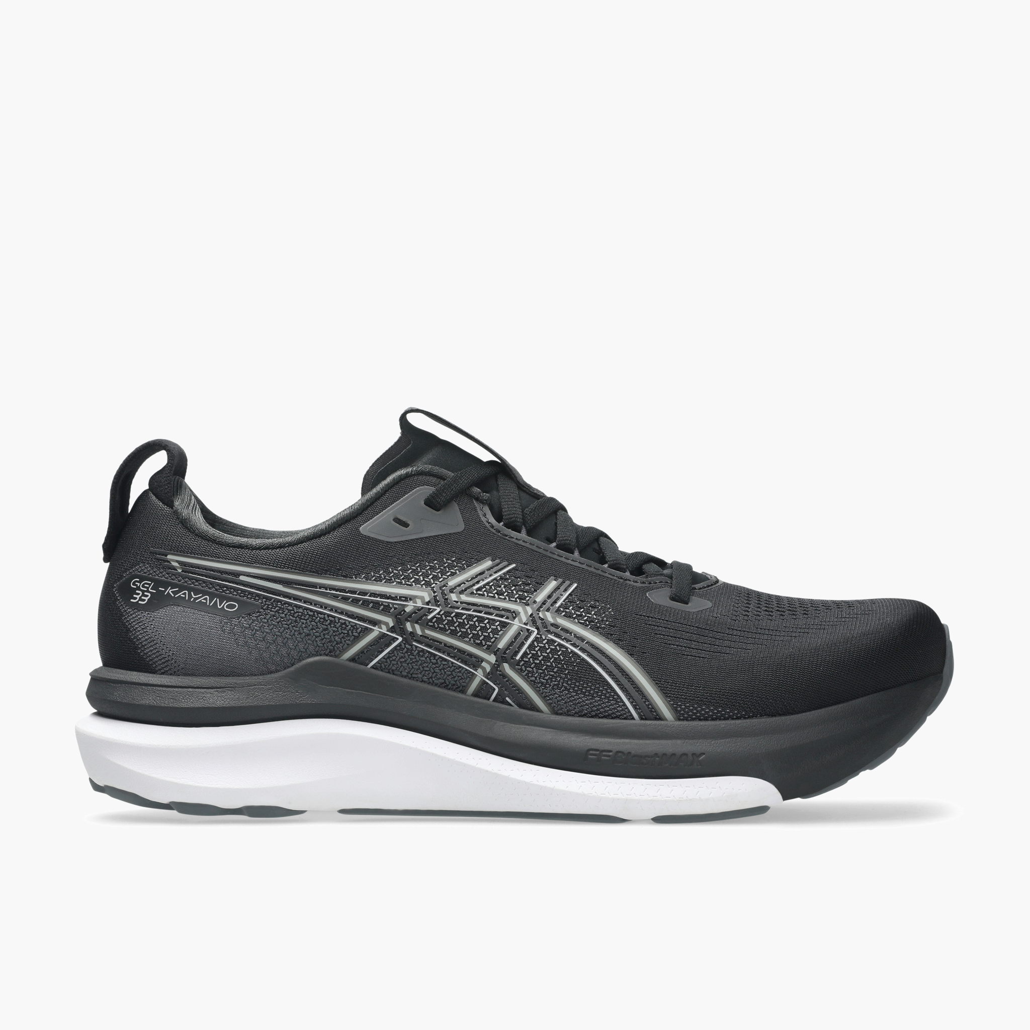 Lateral angle shot of Men's Gel-Kayano 33 in Black / White