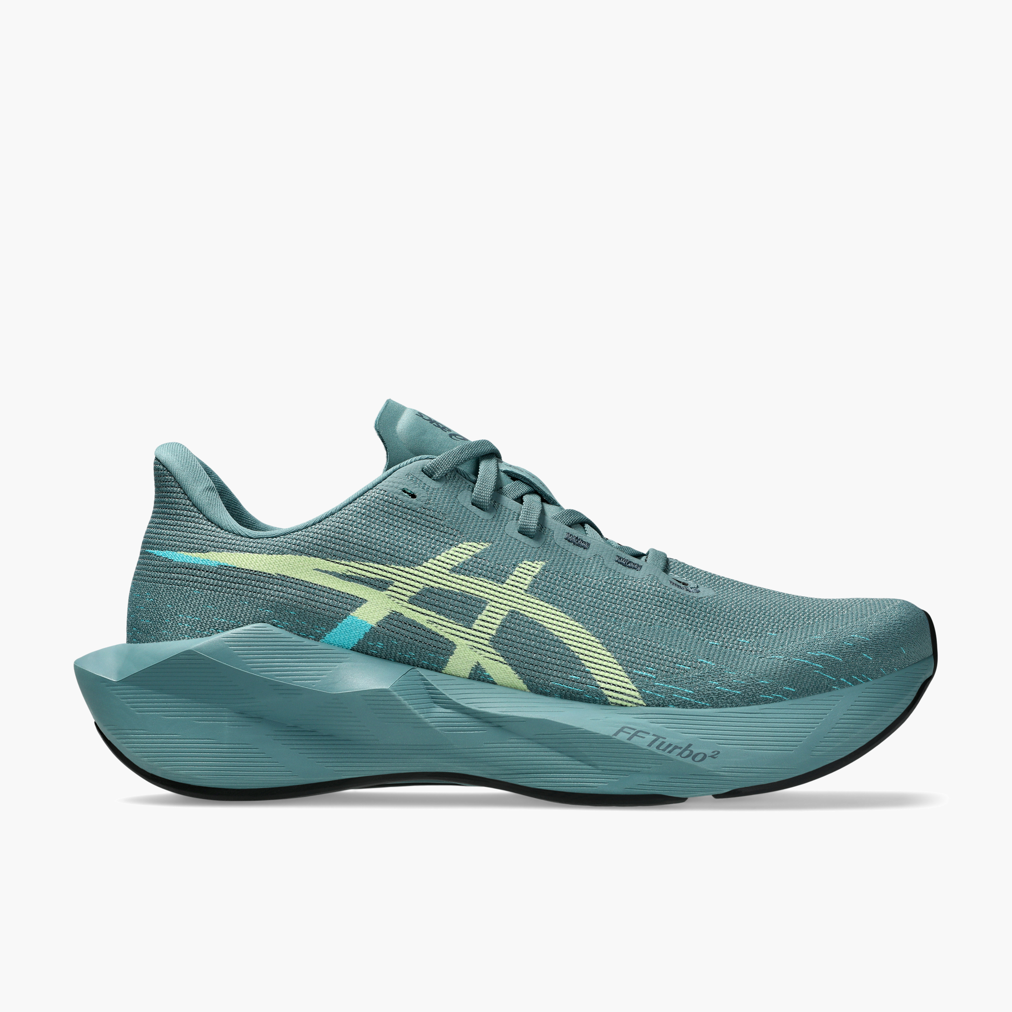 Lateral angle shot of Men's Novablast 6 in Foggy Teal / Illuminate Yellow