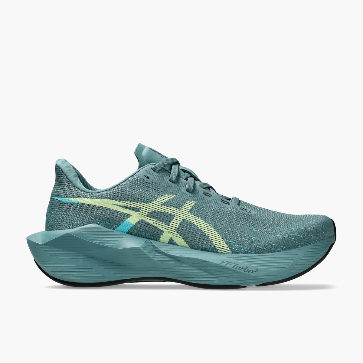 Lateral angle shot of Men's Novablast 6 in Foggy Teal / Illuminate Yellow