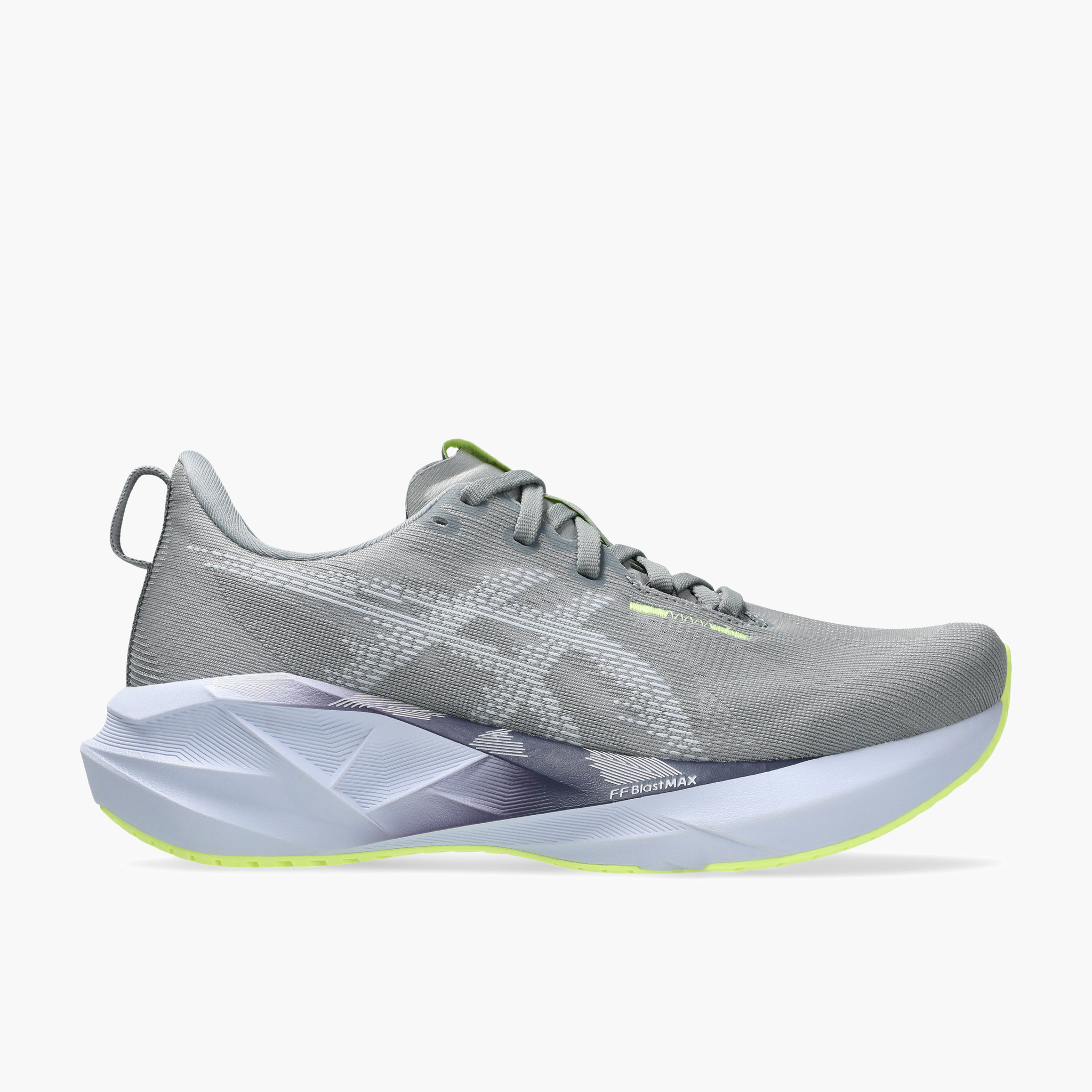 Lateral angle shot of Women's Novablast 5 in Gravel / Blue Fade
