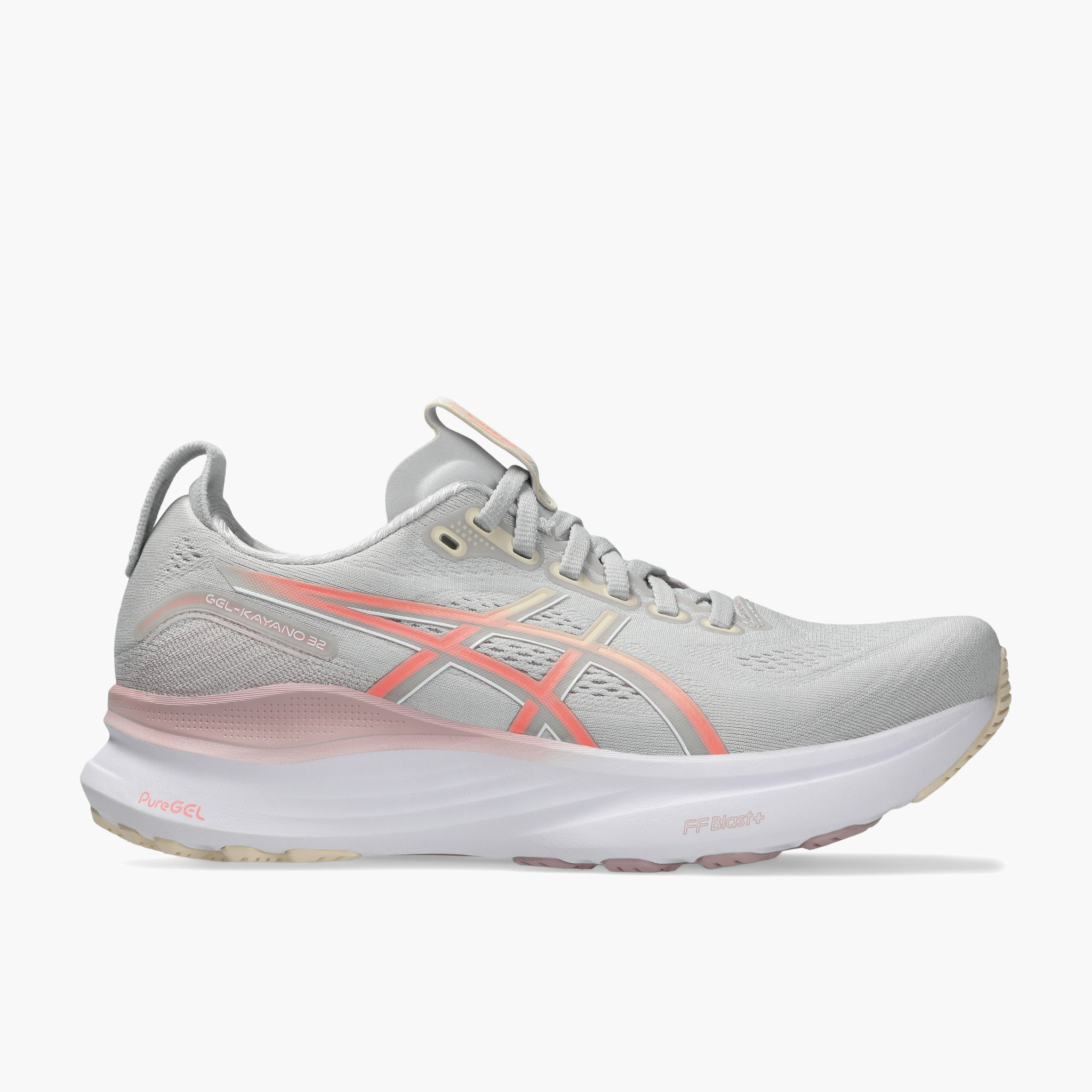 Lateral angle shot of Women's Gel-Kayano 32 in Cloud Grey / Seashell