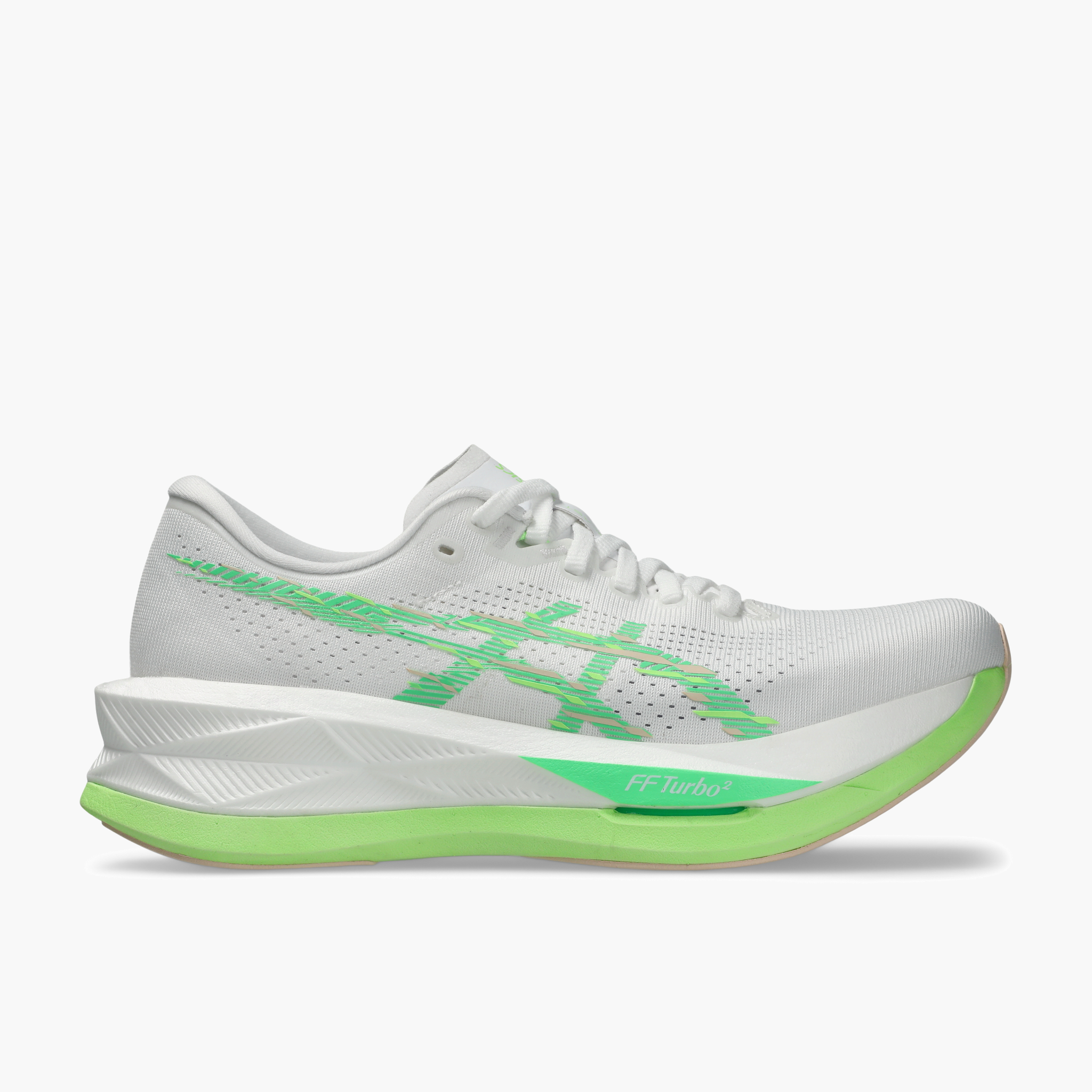 Lateral angle shot of Women's Sonicblast in White / Vital Green