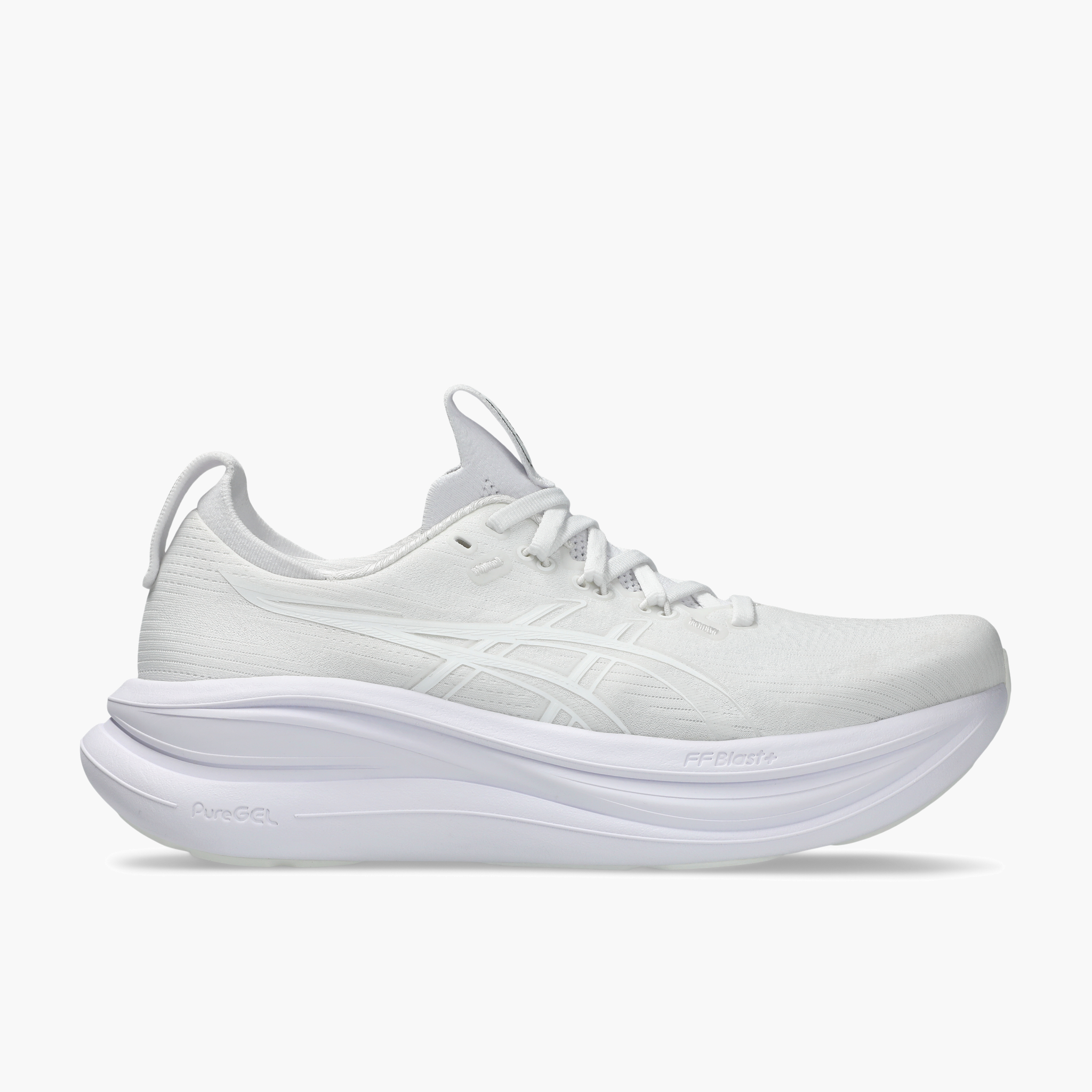 Lateral angle shot of Women's Gel-Nimbus 28 in White / White