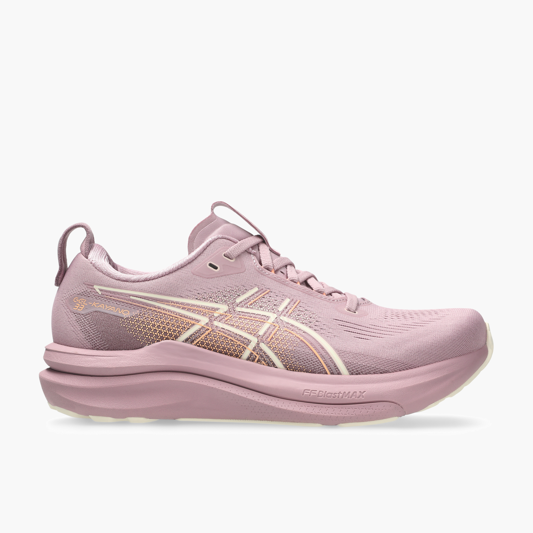Lateral angle shot of Women's Gel-Kayano 33 in Taro Purple / Dusty Mauve