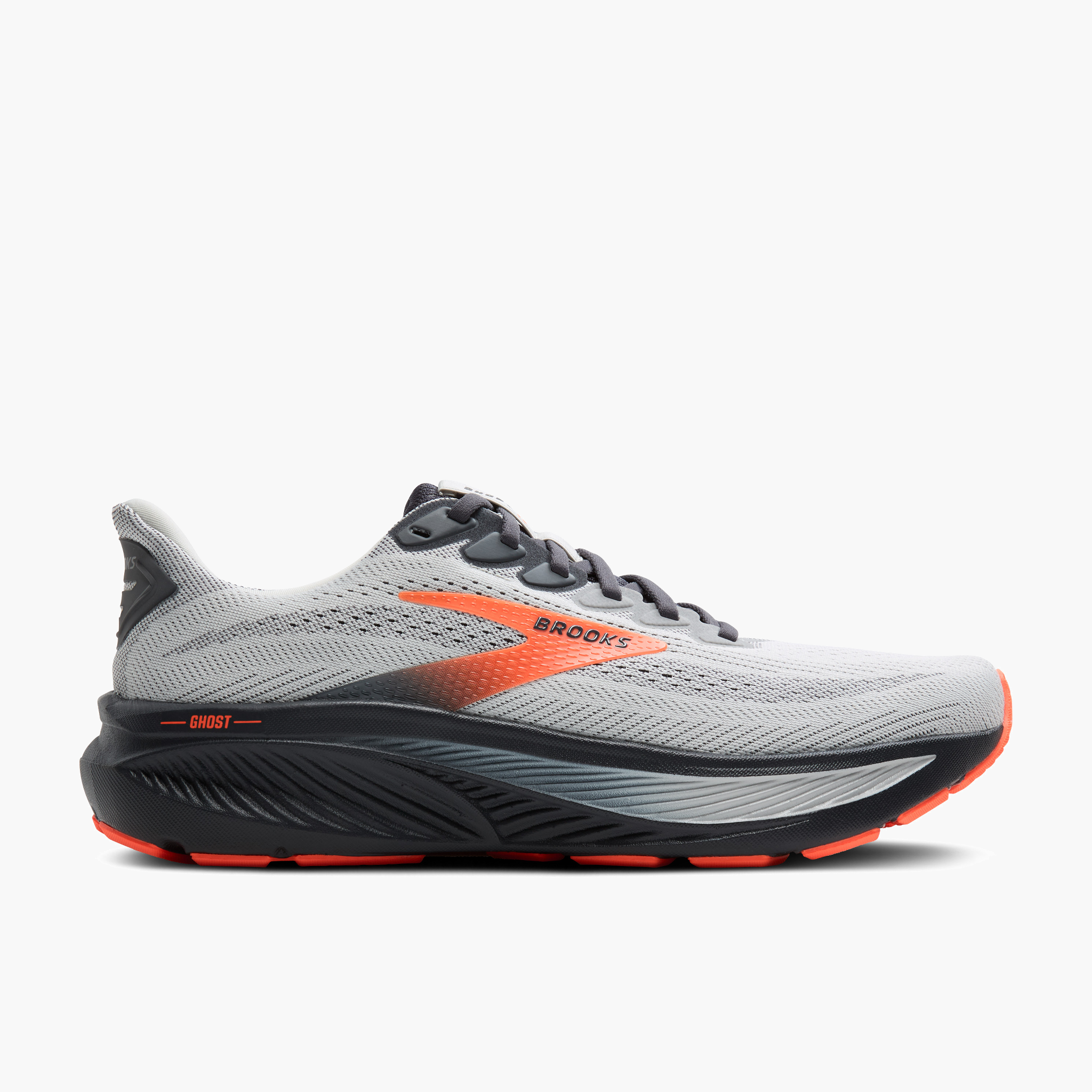 Lateral angle shot of Men's Ghost 17 in Oyster Mushroom / Orange / Ebony