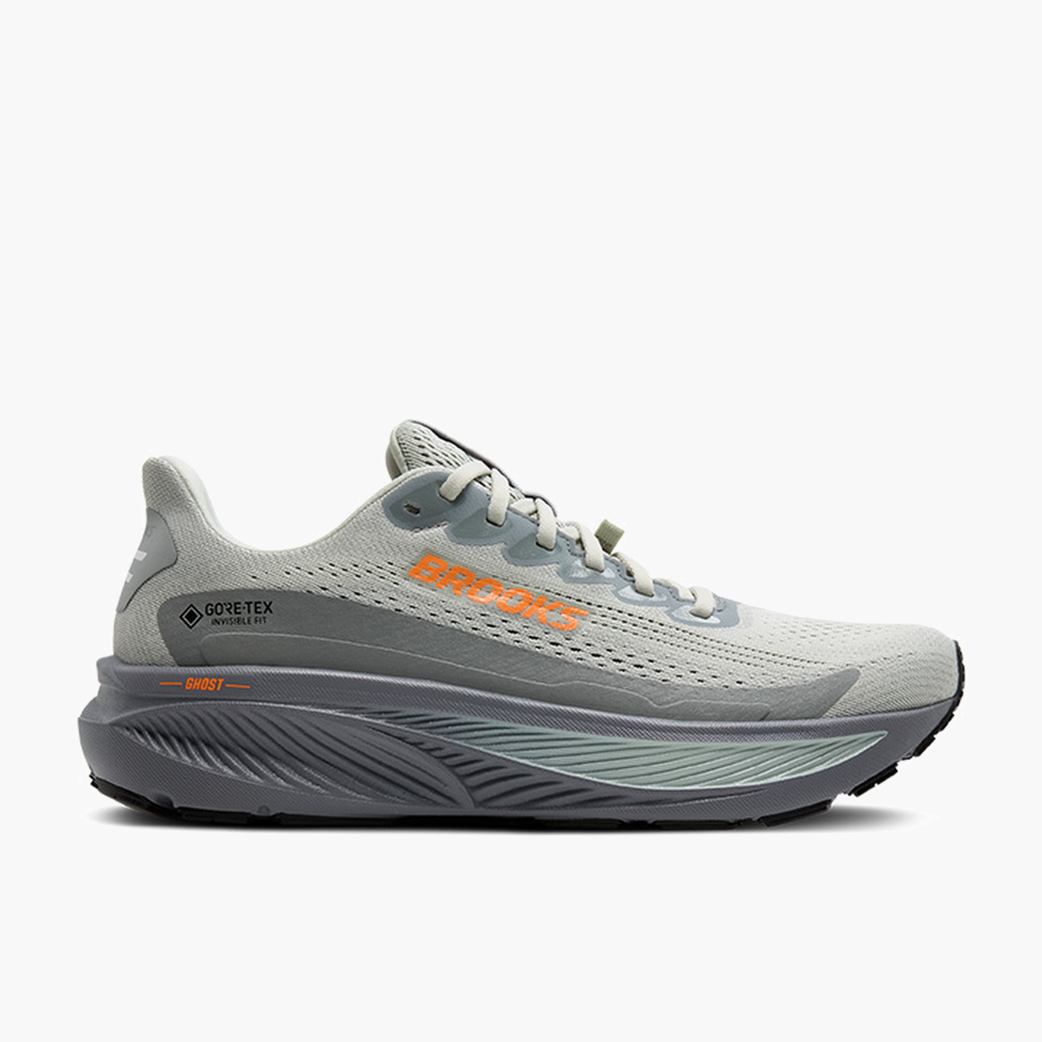 Lateral angle shot of Men's Ghost 17 Gore-Tex in Smoke / Primer Grey / Orange