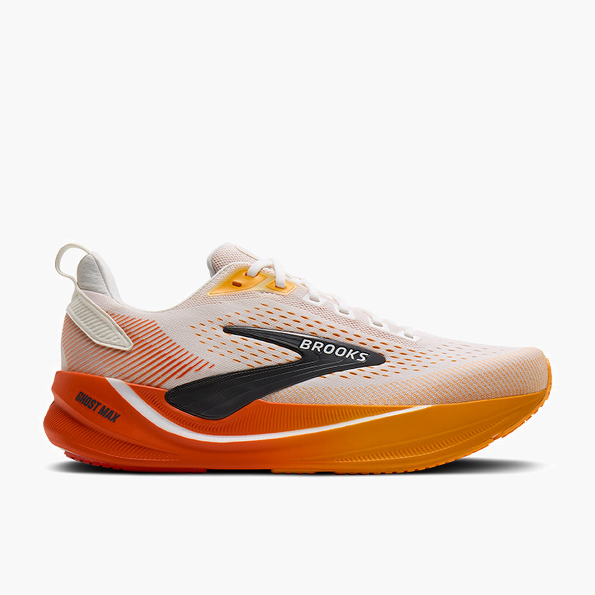 Lateral angle shot of Men's Ghost Max 4 in White / Orange / Red