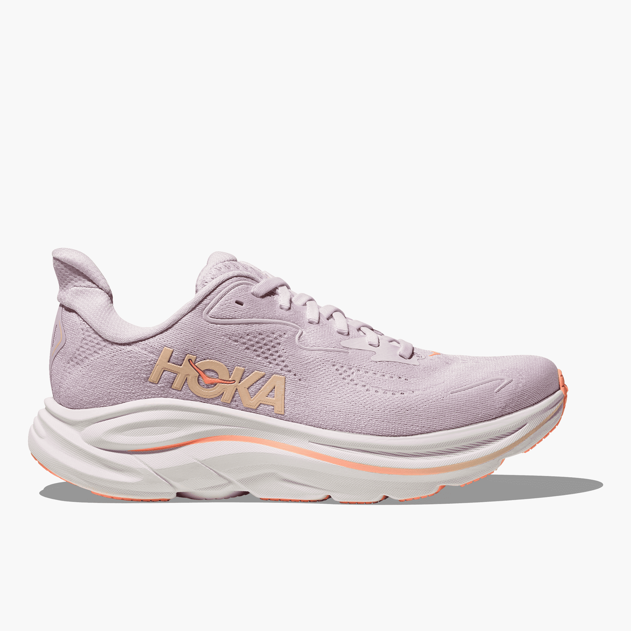Lateral angle shot of Women's Clifton 10 in Lilac Cream / Tangerine Glow