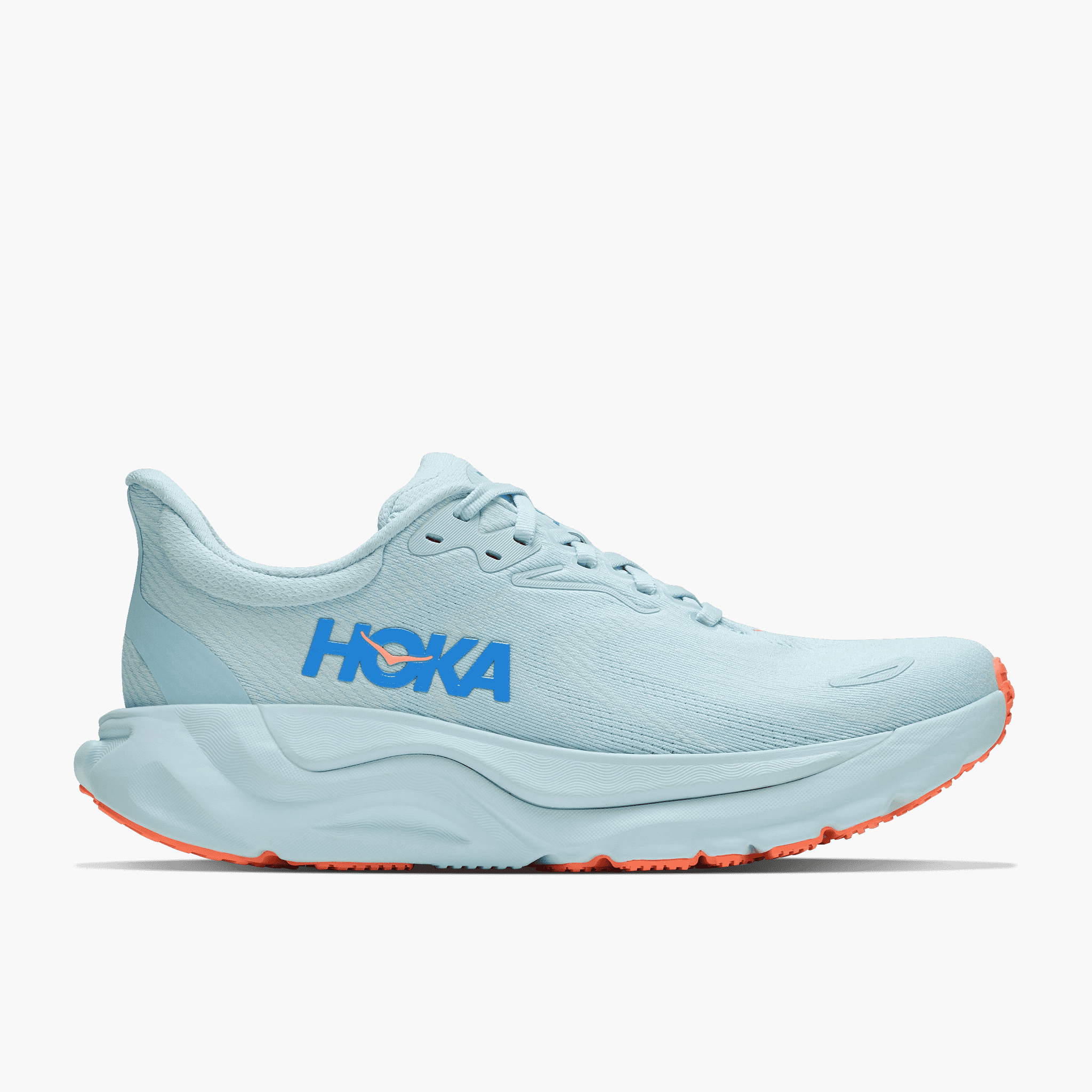 Lateral angle shot of Women's Arahi 8 in Glimmering Blue / Neon Cantaloupe