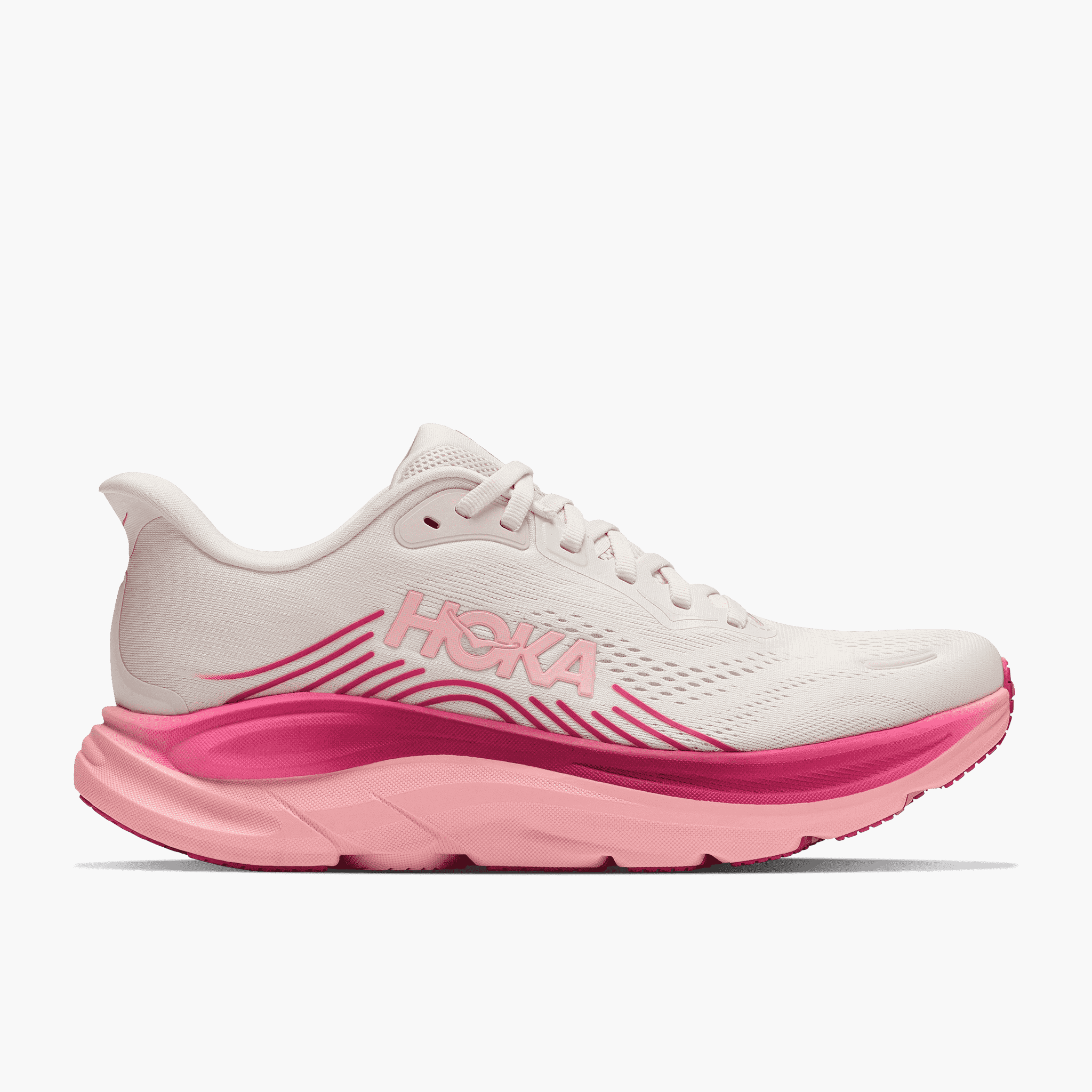 Lateral angle shot of Women's Clifton 11 in Rose Cream / Dewy Pink