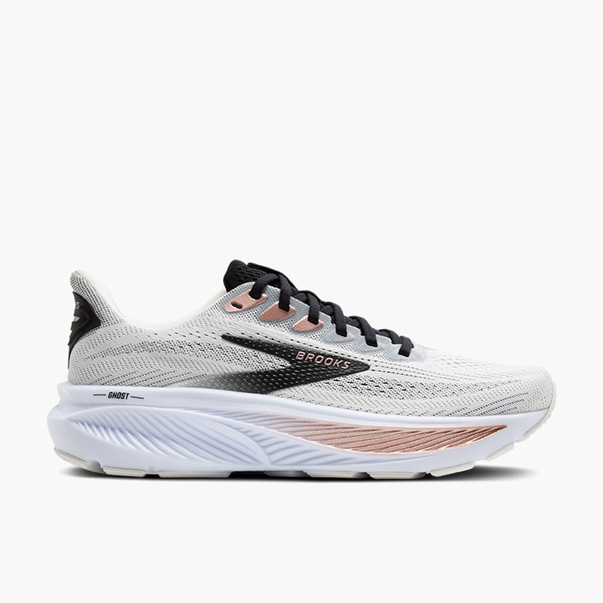 Lateral angle shot of Women's Ghost 17 in White / Black / Rose Gold