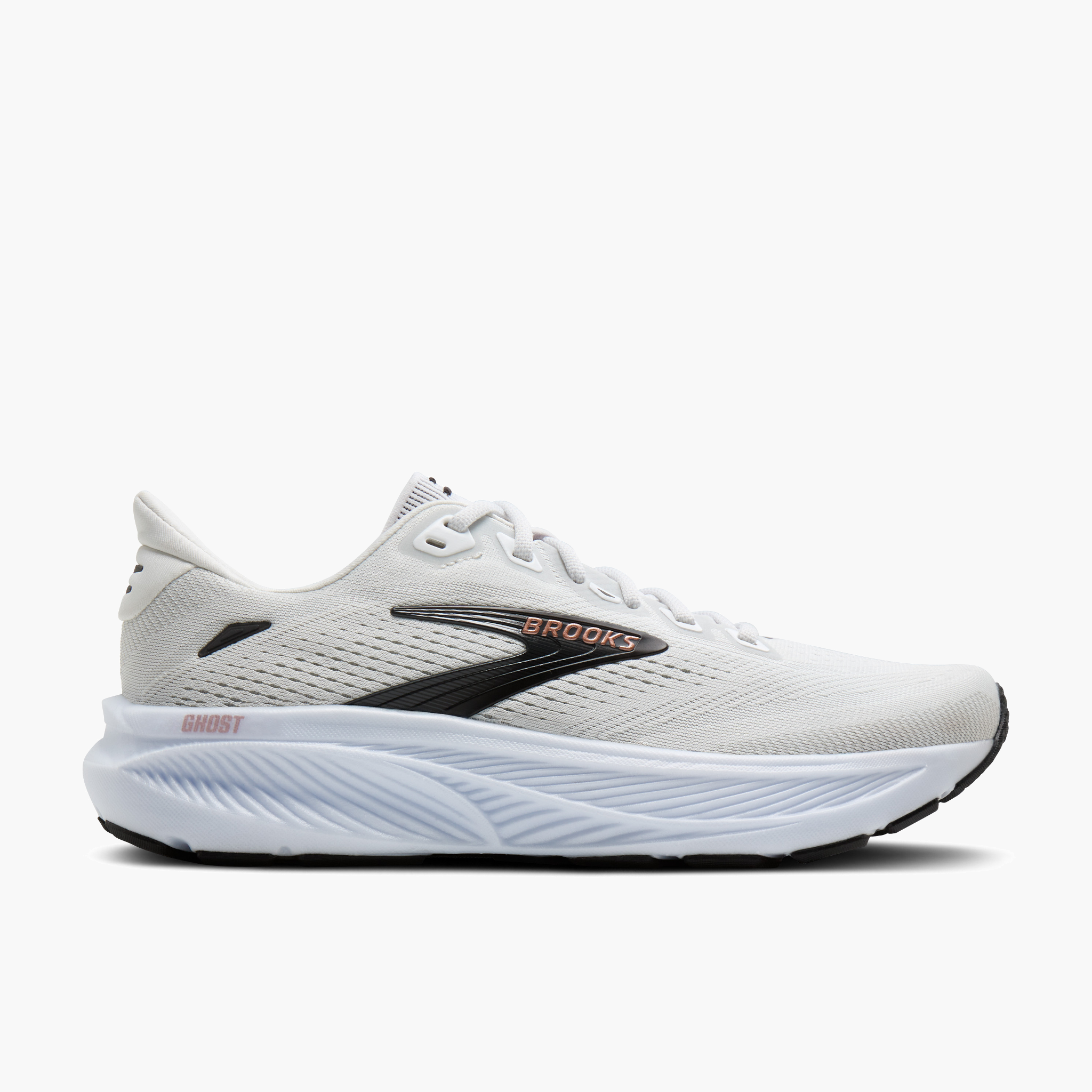 Lateral angle shot of Women's Ghost 18 in White / Black / Rose Gold