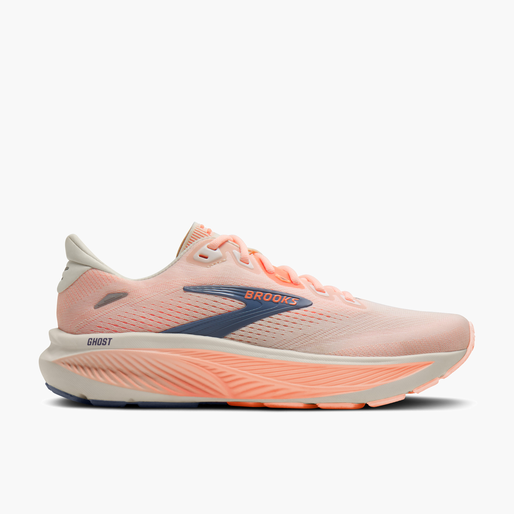 Lateral angle shot of Women's Ghost 18 in Star White / Cyber Peach / Grey