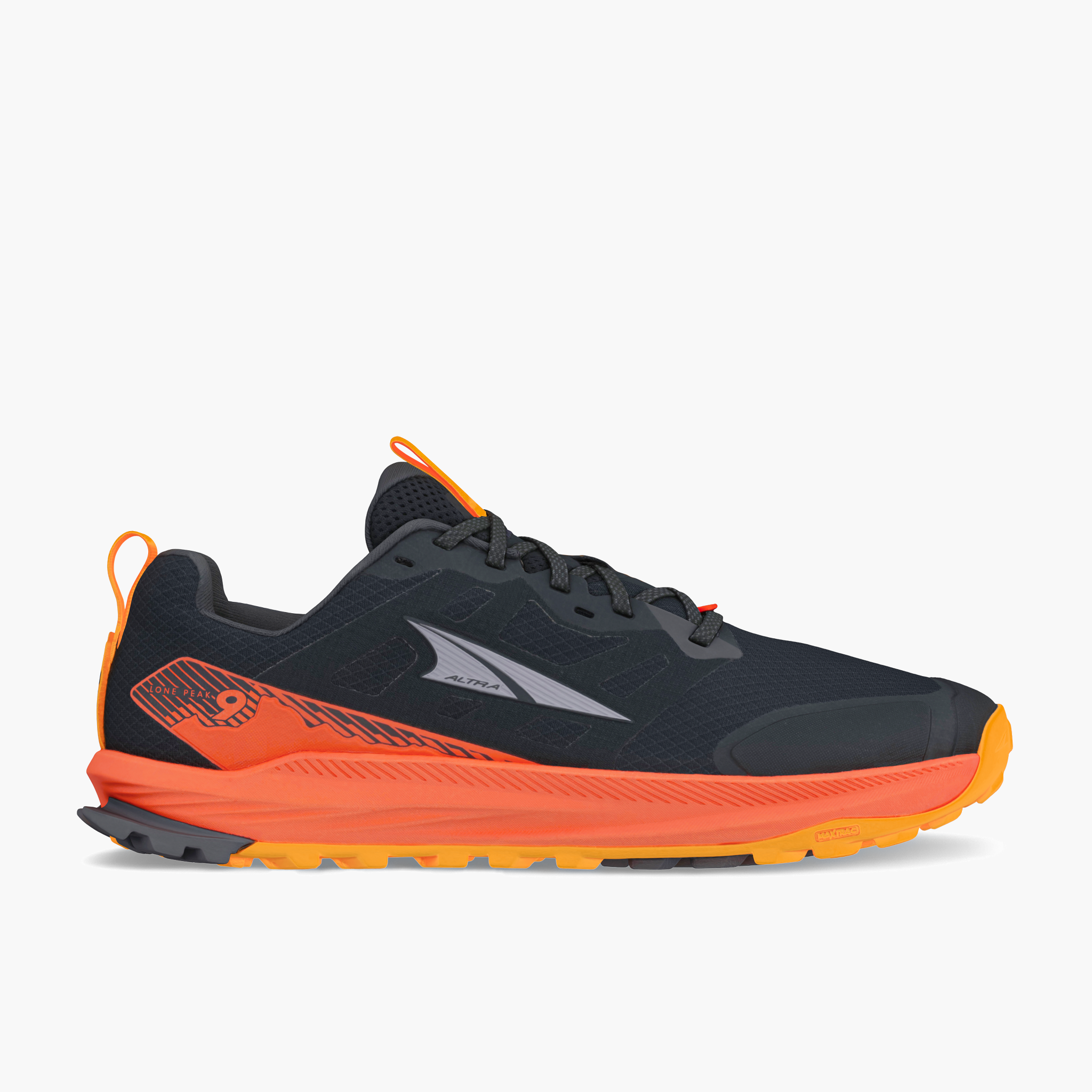 Lateral angle shot of Men's Lone Peak 9 in Black/red