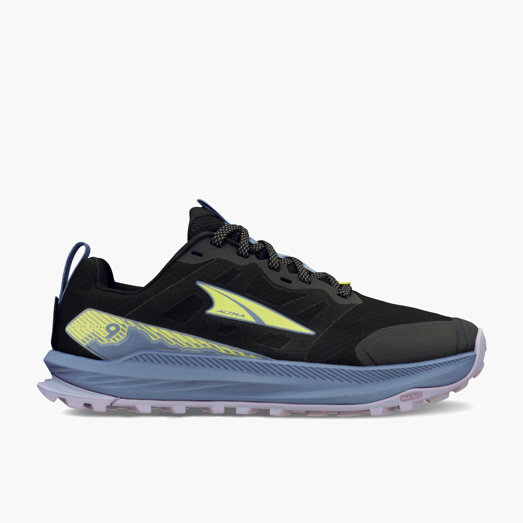 Lateral angle shot of Women's Lone Peak 9 in Black / Blue