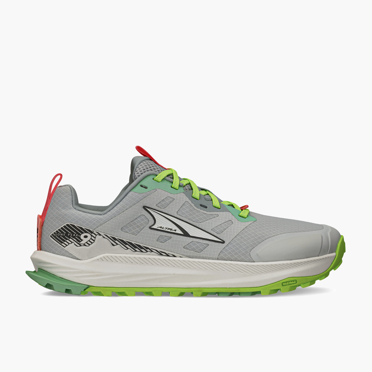 Lateral angle shot of Women's Lone Peak 9 in Gray / Lime