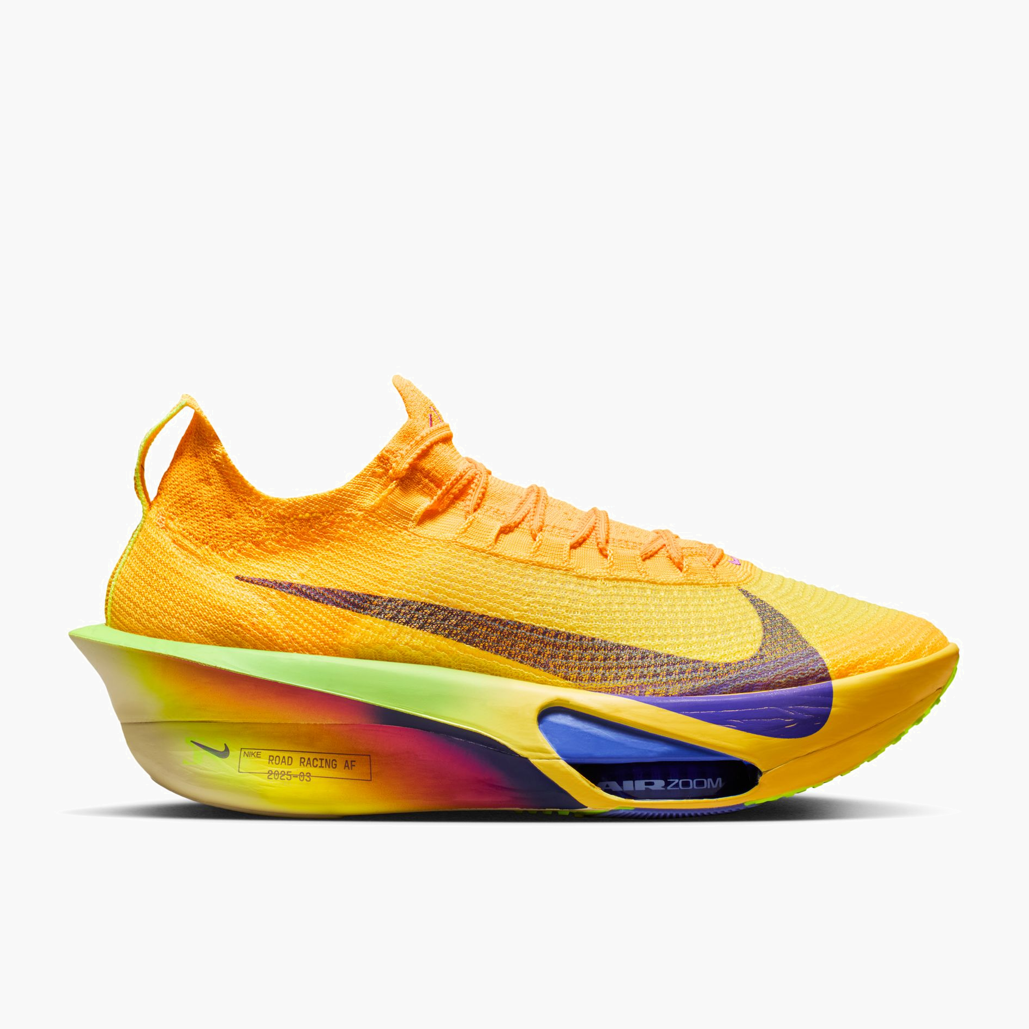 Lateral angle shot of Men's Alphafly 3 in Laser Orange / Indigo Burst-Citron Pulse