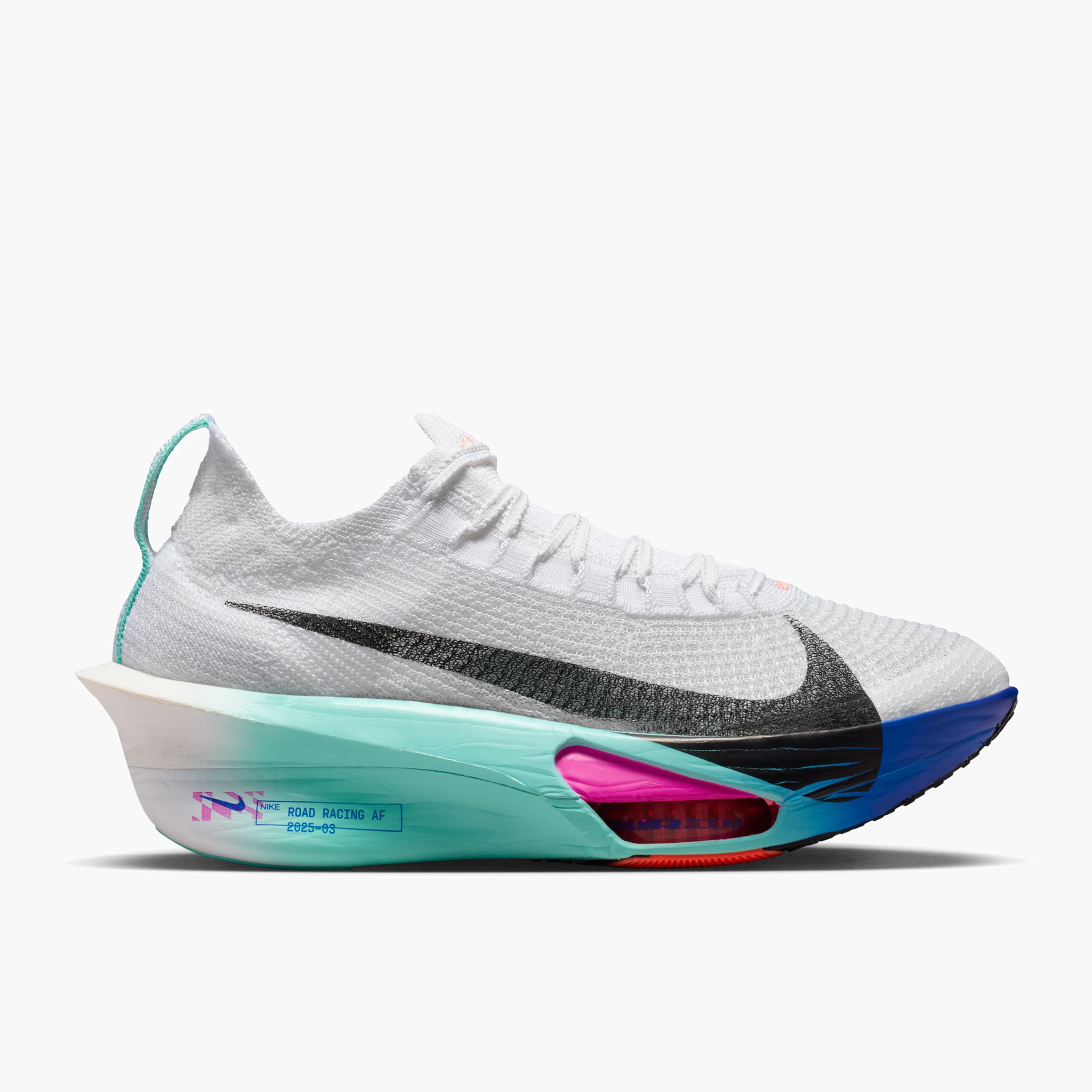 Lateral angle shot of Women's Alphafly 3 in White / Black-Hyper Turq-Concord