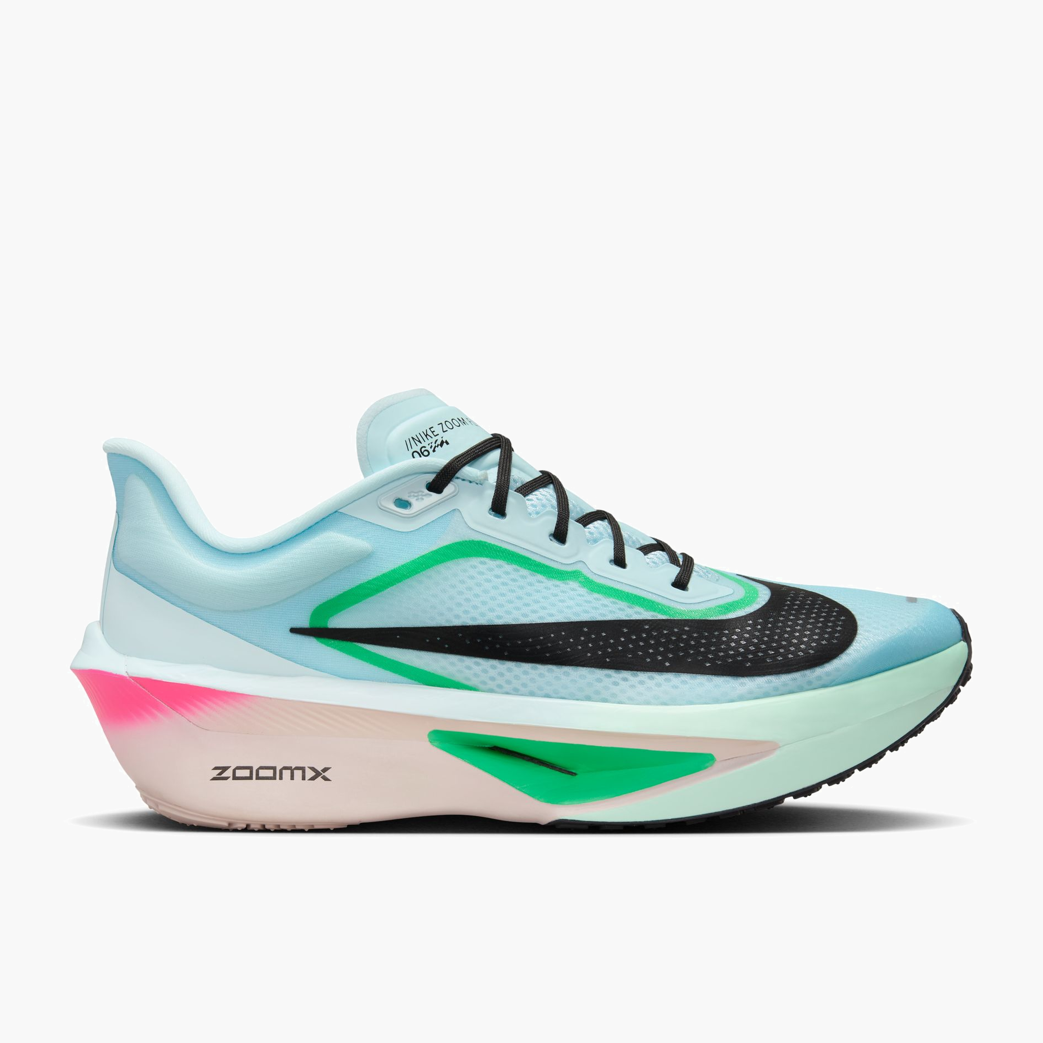 Lateral angle shot of Men's Zoom Fly 6 in Glacier Ice / Black-Hyper Pink-Green Shock