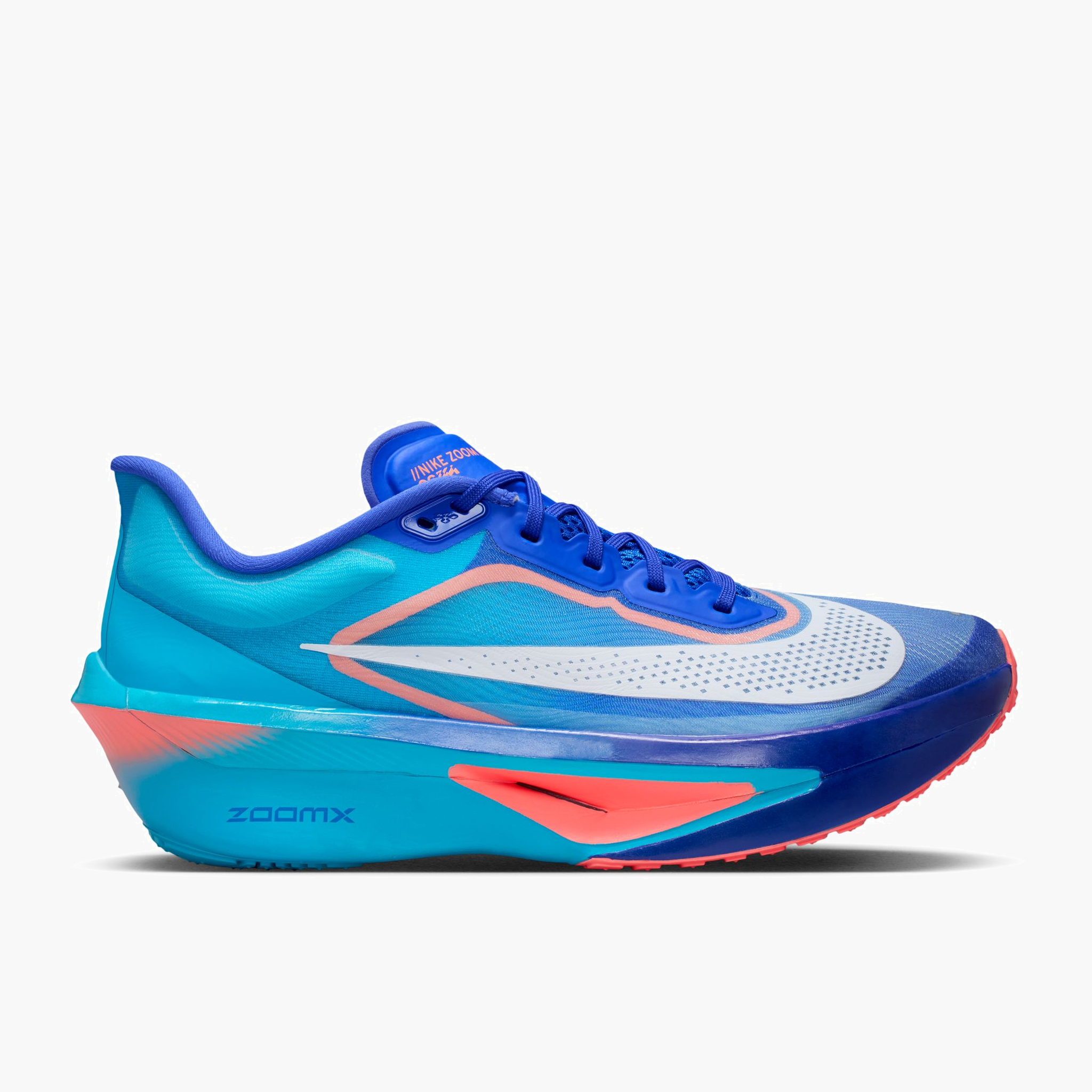 Lateral angle shot of Men's Zoom Fly 6 in Racer Blue / White-Blue Lightning