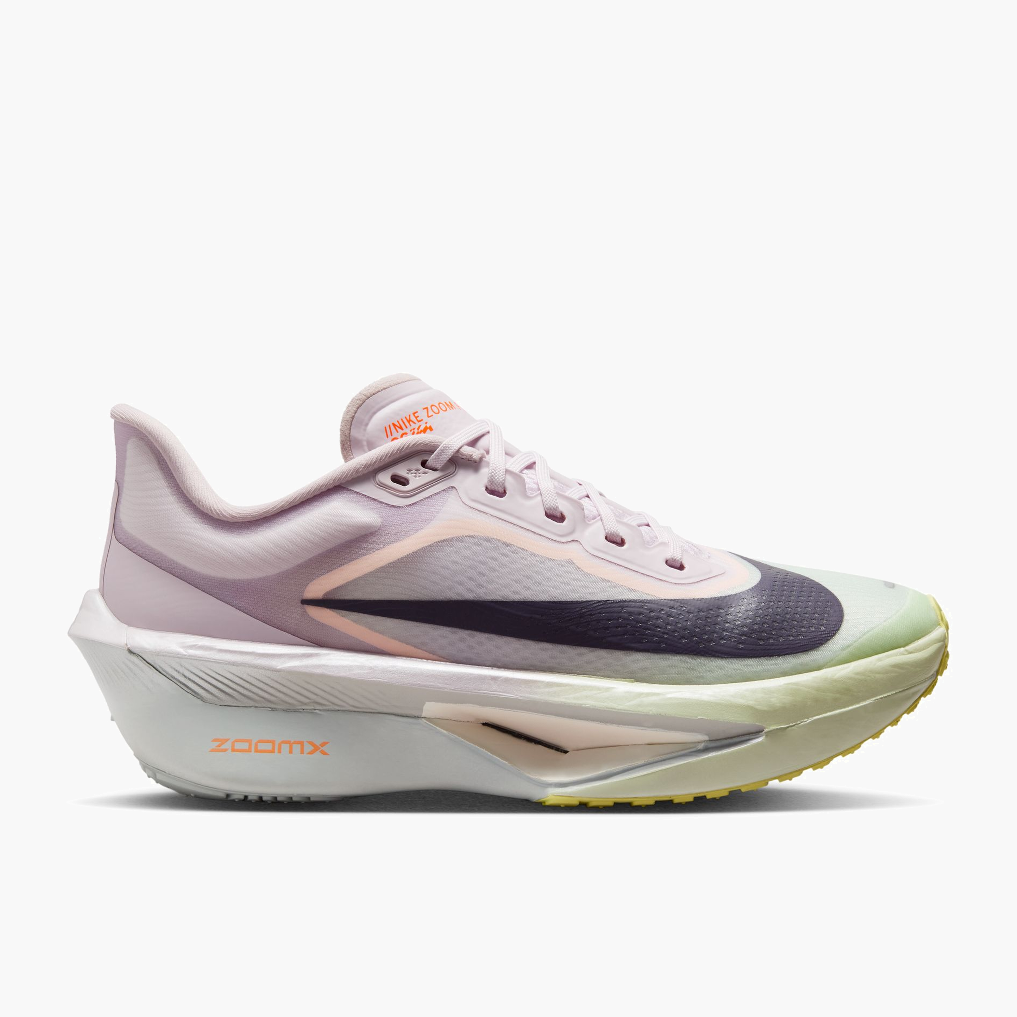 Lateral angle shot of Women's Zoom Fly 6 in Bleached Lilac / Purple Dynasty-Volt Tint
