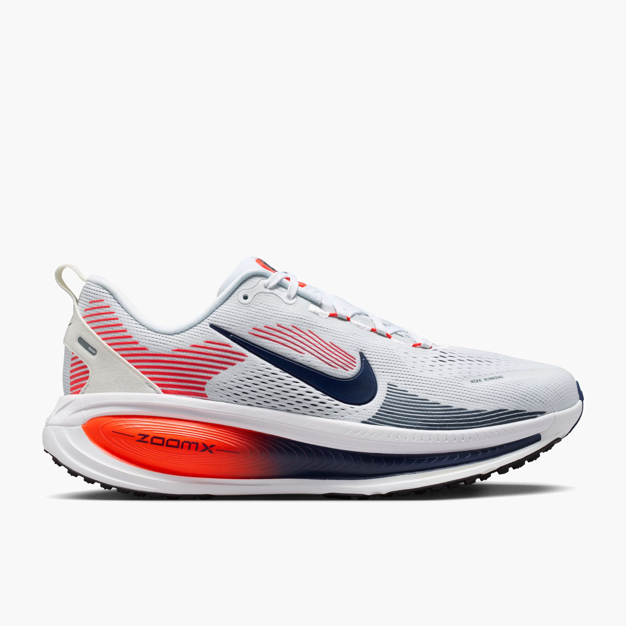 Lateral angle shot of Men's Vomero 18 in White / Midnight Navy-Bright Crimson-Black