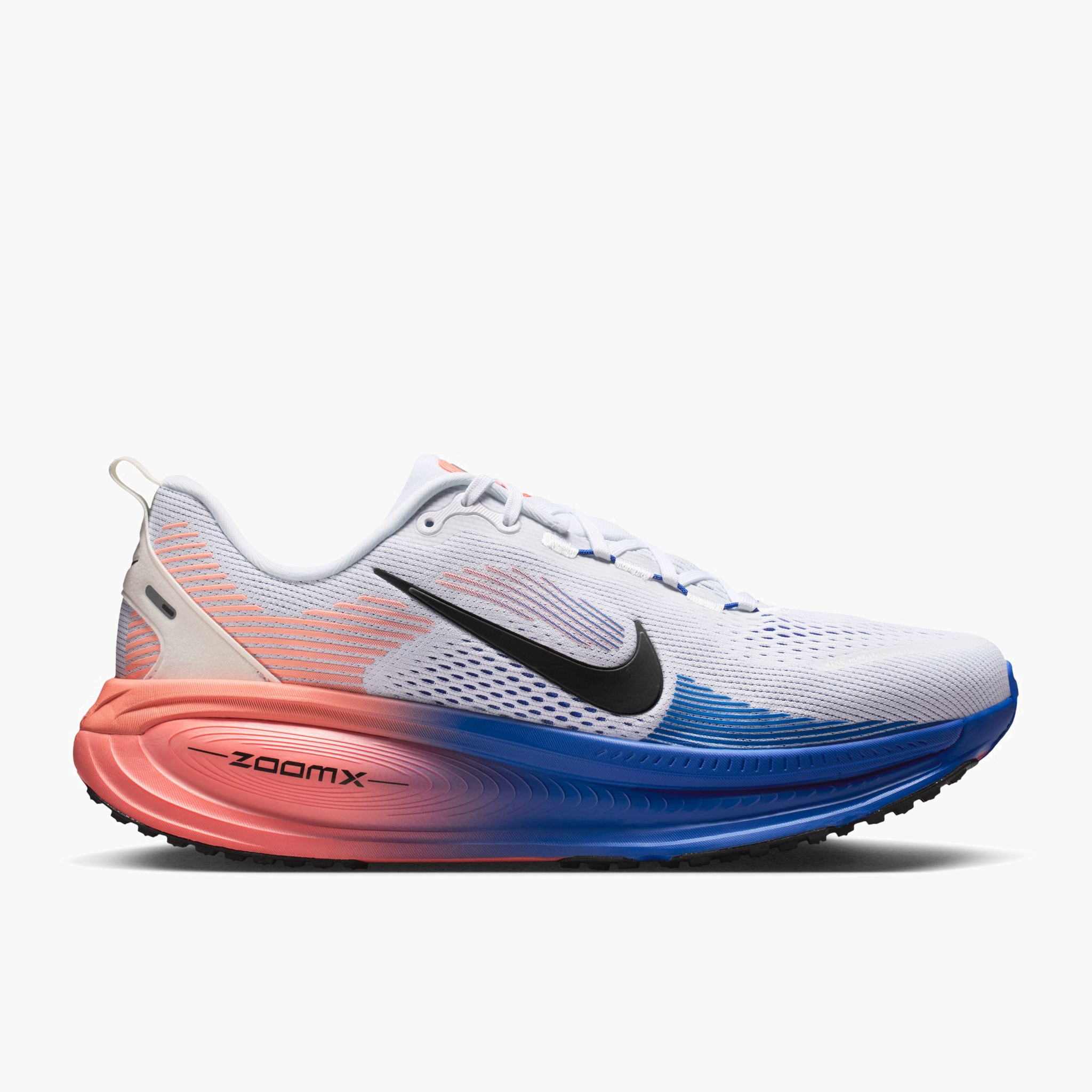 Lateral angle shot of Men's Vomero 18 in White / Black-Racer Blue-Atomic Pink