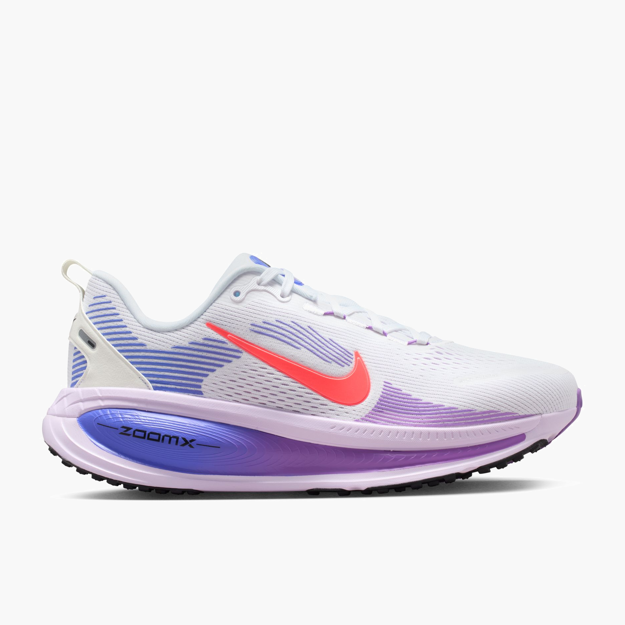 Lateral angle shot of Women's Vomero 18 in White / Hot Lava-Violet Mist-Sapph