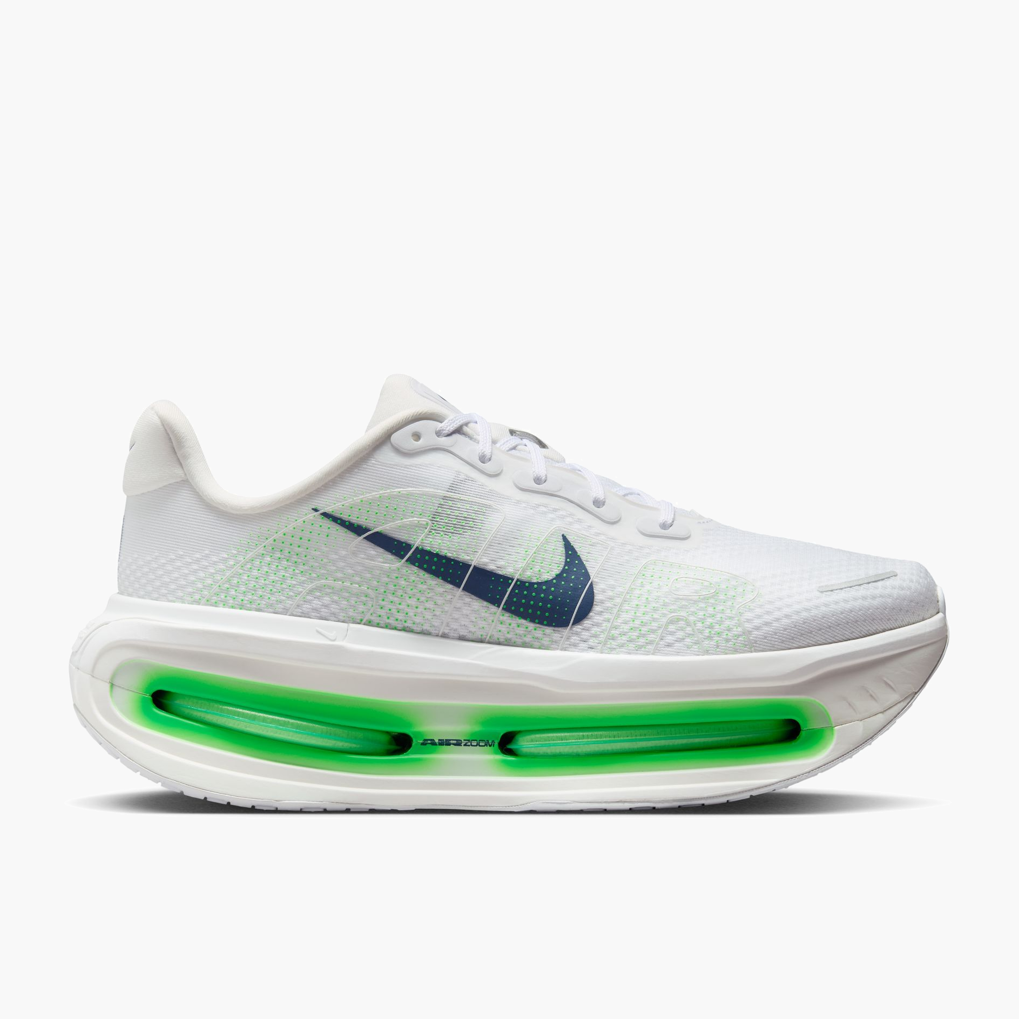 Lateral angle shot of Men's Vomero Premium in White / Midnight Navy-Green Spark