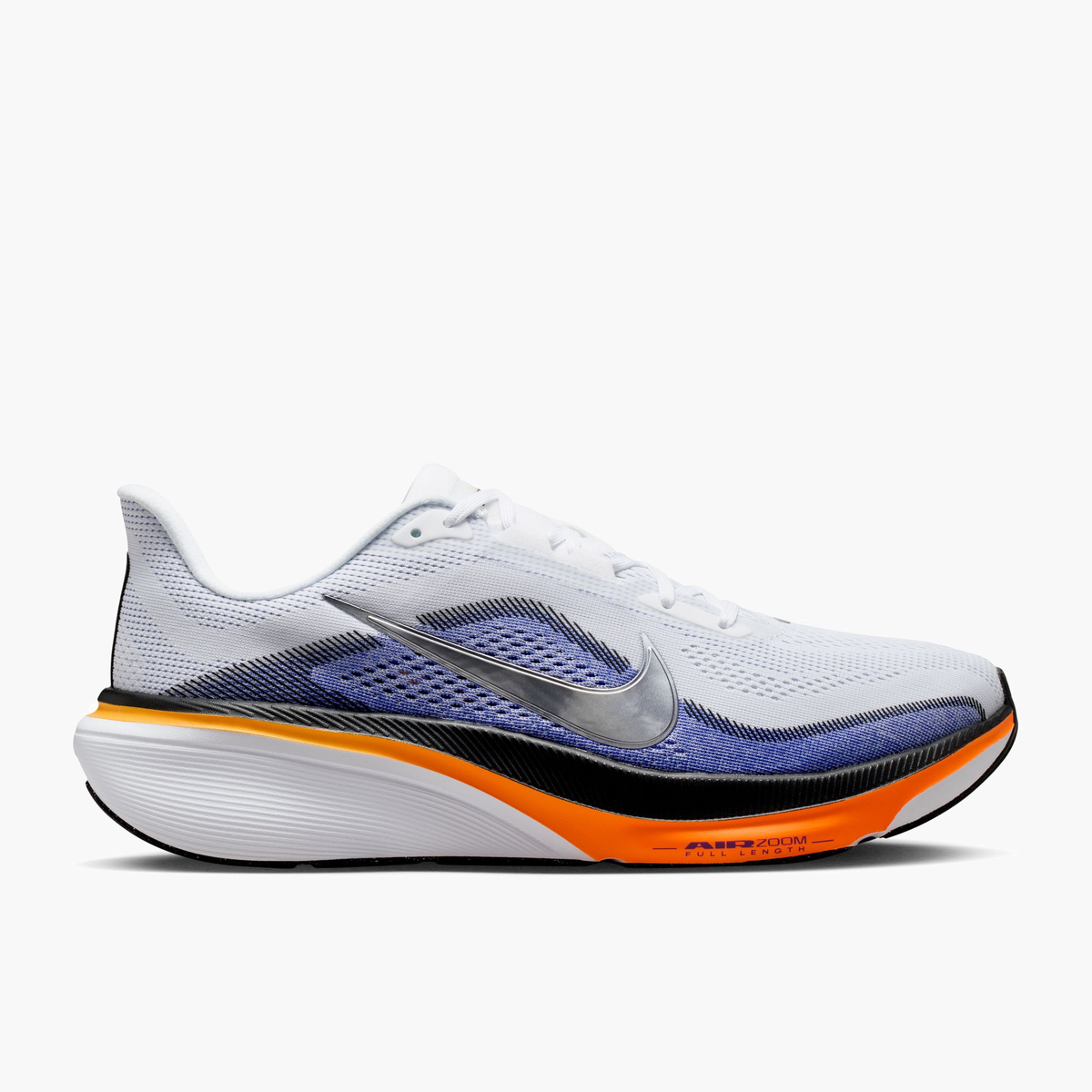 Lateral angle shot of Men's Pegasus 42 in White / Metallic Silver-Lapis-Total Orange