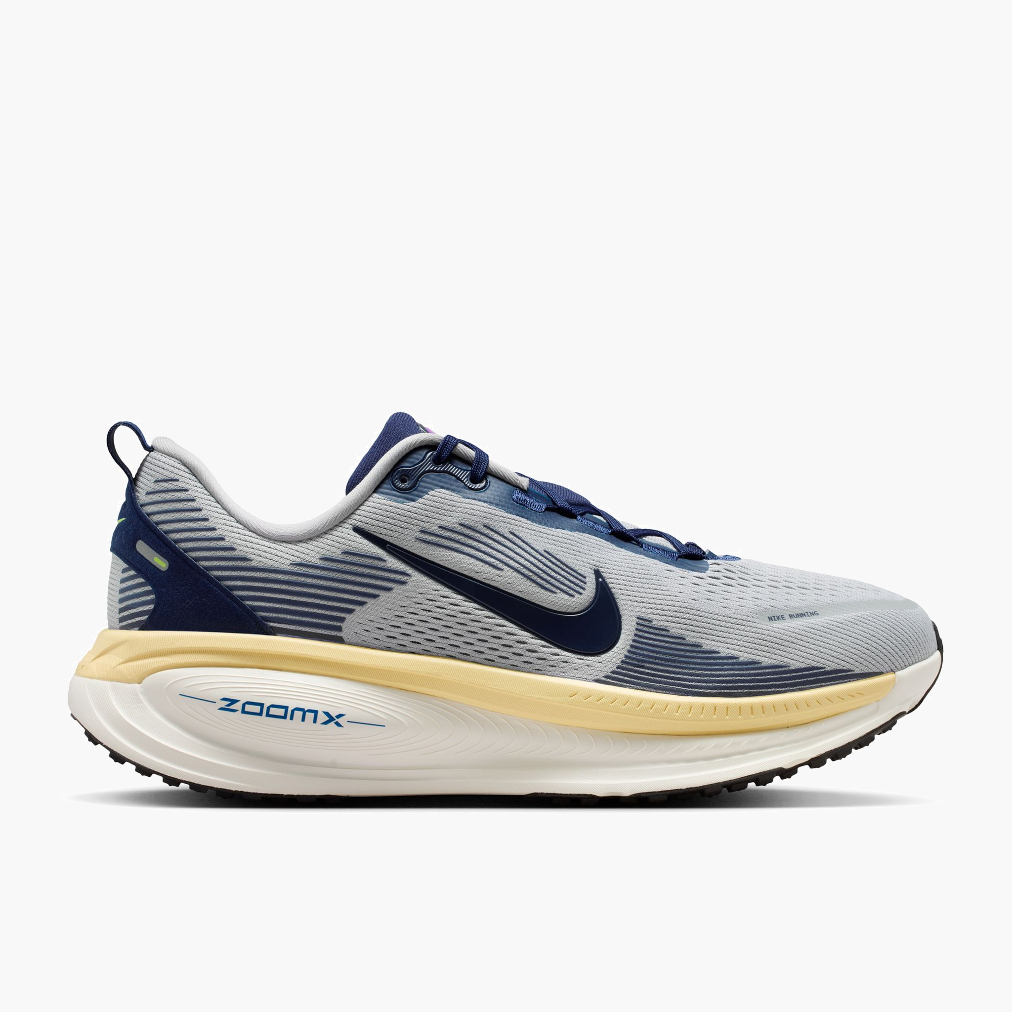 Lateral angle shot of Men's Vomero 18 in Wolf Grey / Midnight Navy-Pewter-Sail
