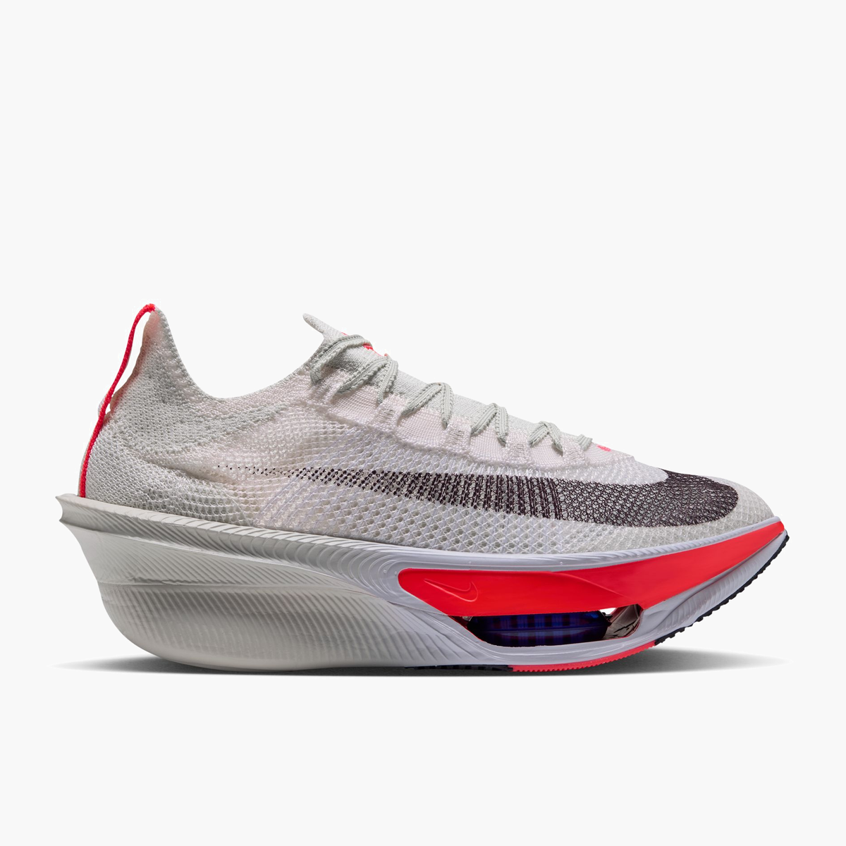 Lateral angle shot of Women's Alphafly 4 in Sea Glass / Burgundy Ash-Laser Crimson