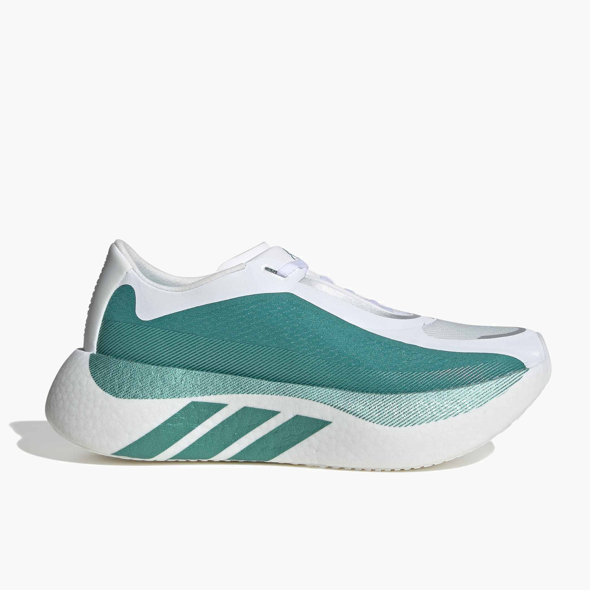 Lateral angle shot of Women's Hyperboost Edge in Ftwr White / Equipment Green / Zero Met.