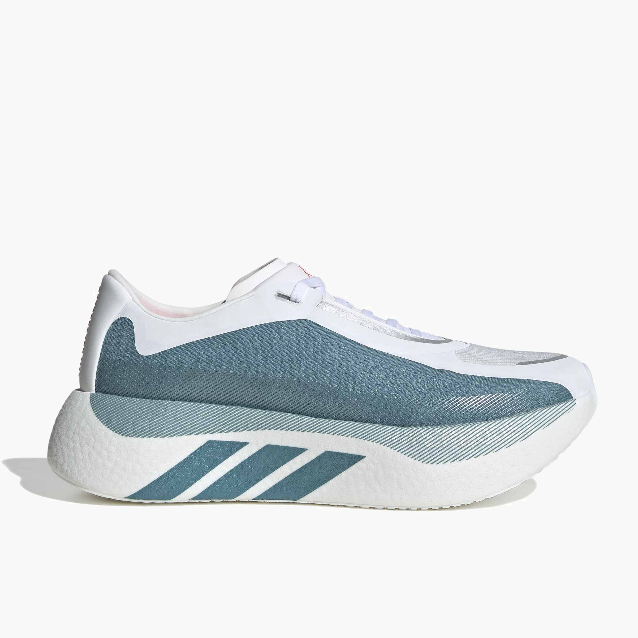 Lateral angle shot of Men's Hyperboost Edge in Ftwr White / Petrol Met. / Lucid Red