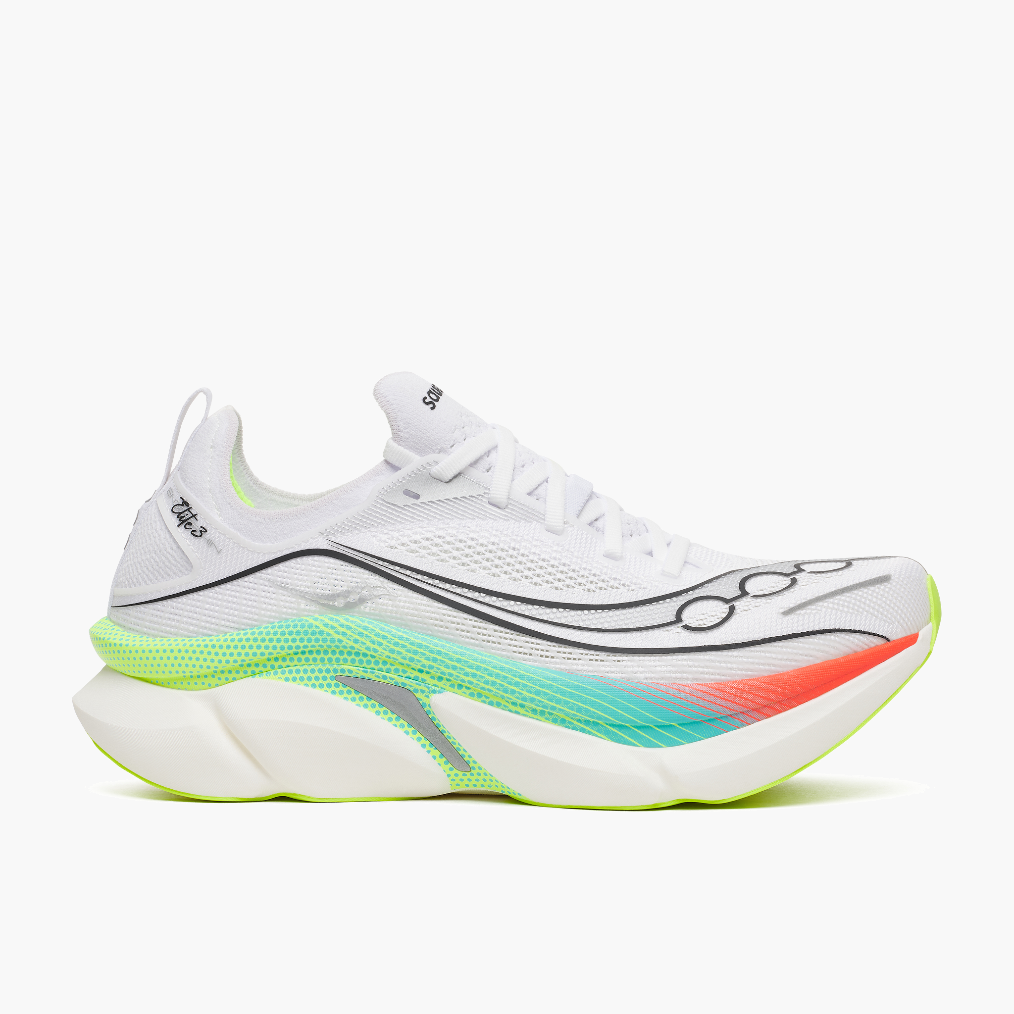 Lateral angle shot of All Gender Endorphin Elite 3 in White / Multi