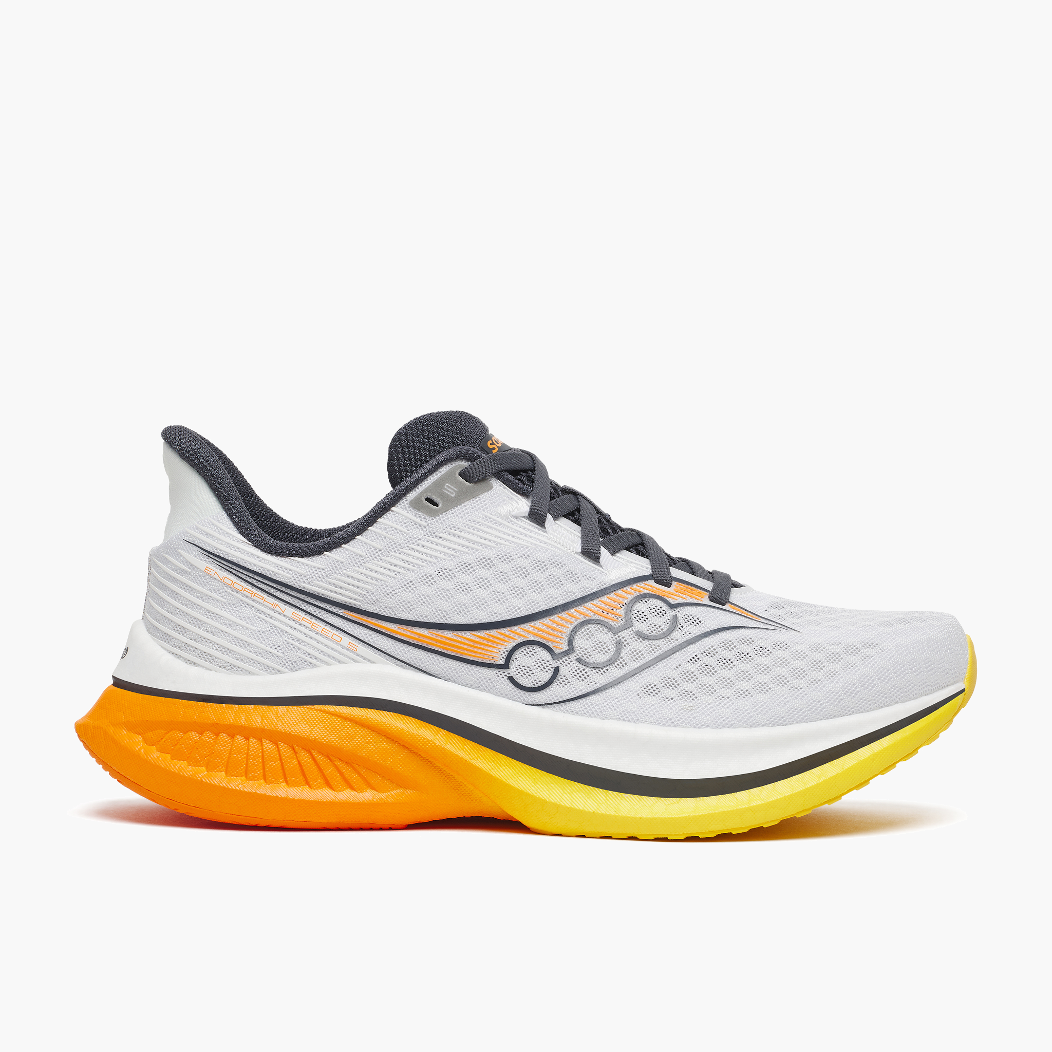 Lateral angle shot of Men's Endorphin Speed 5 in White / Fuego