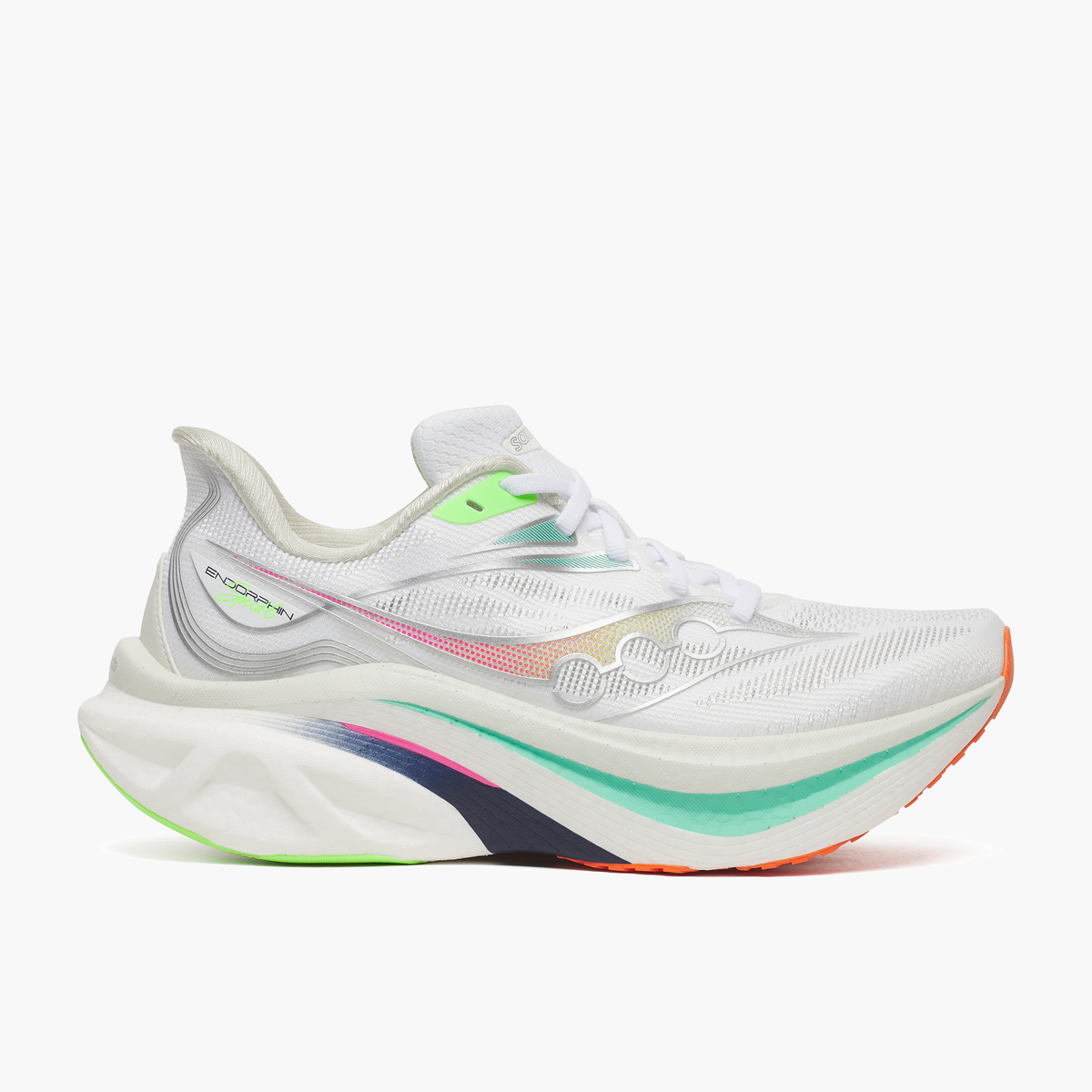 Lateral angle shot of Women's Endorphin Speed 6 in White / Multi