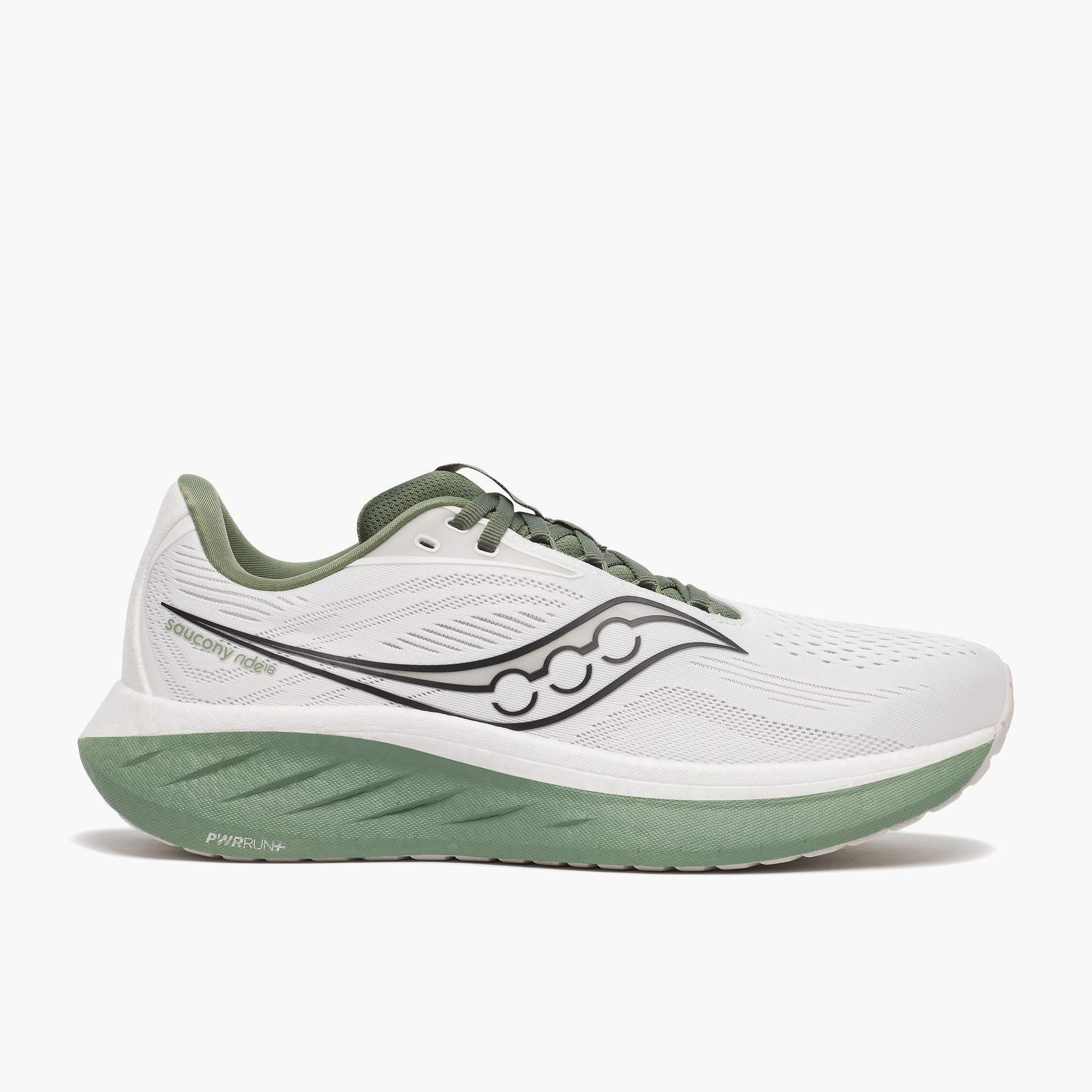 Lateral angle shot of Men's Ride 18 in White/olivine