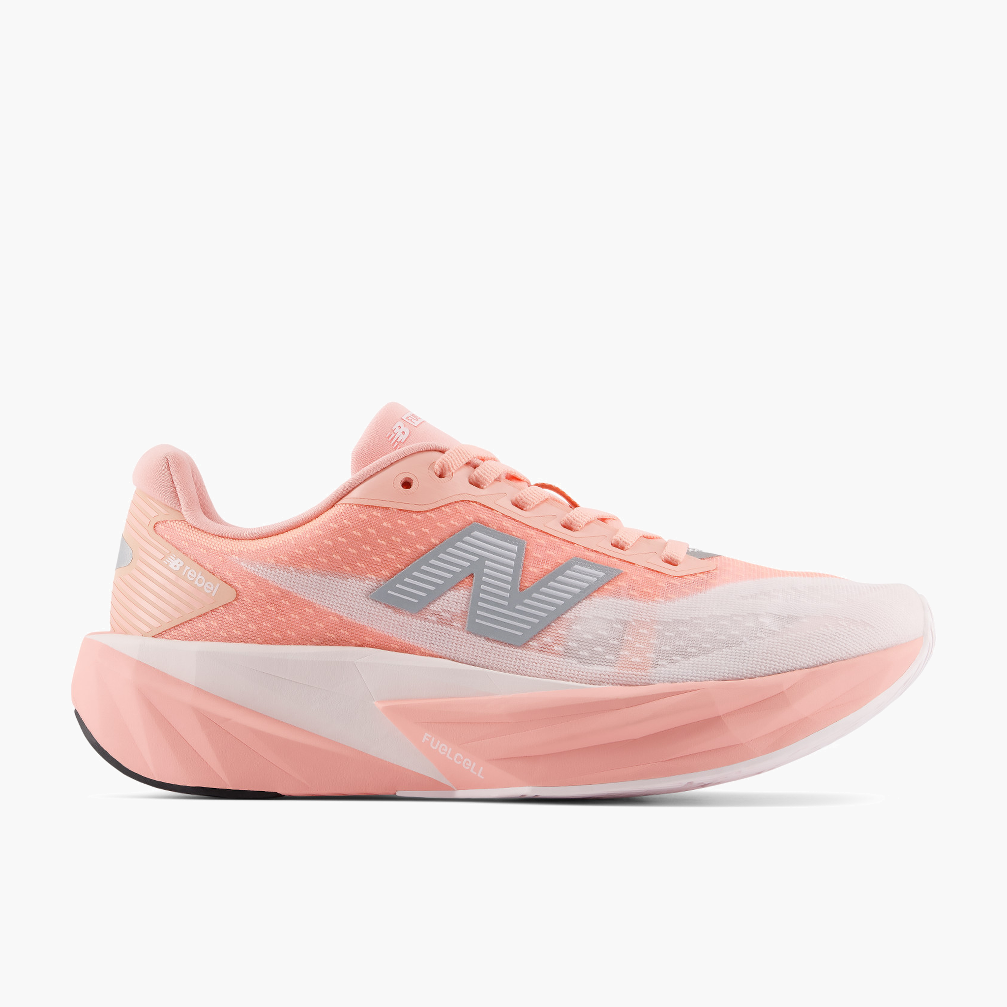 Lateral angle shot of Women's FuelCell Rebel v5 in Pinklemonade / Pinksalt