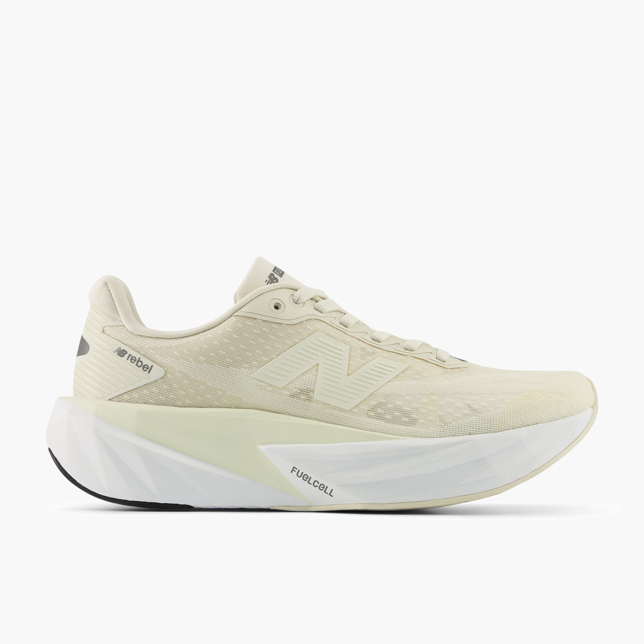 Lateral angle shot of Women's FuelCell Rebel v5 in Angora / Linen