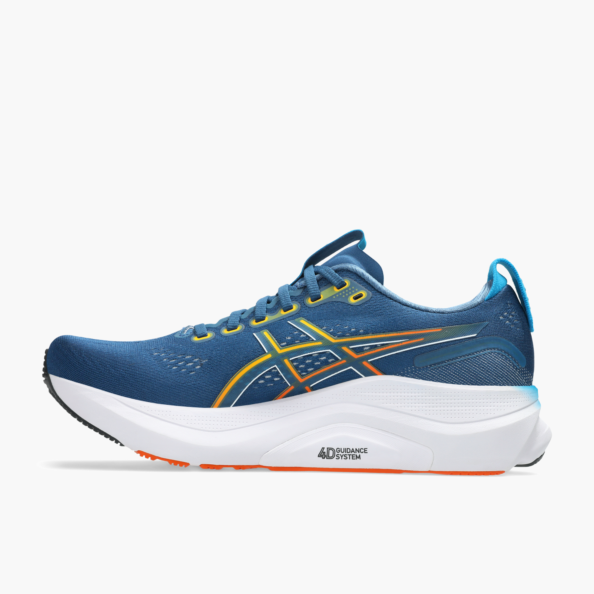 Medial angle shot of Men's Gel-Kayano 32 in Twilight Blue / Anzu