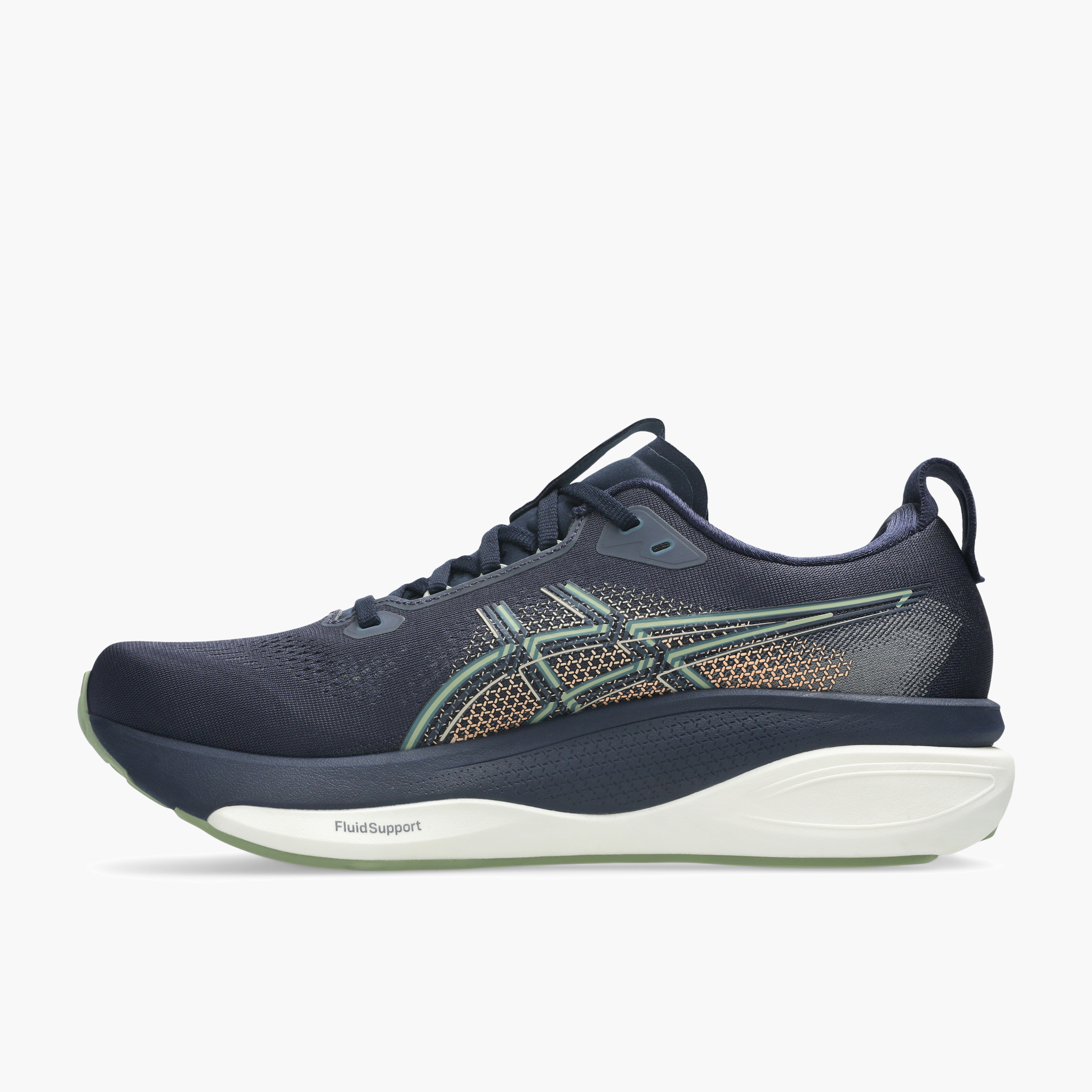 Medial angle shot of Men's Gel-Kayano 33 in Midnight / Khaki Green