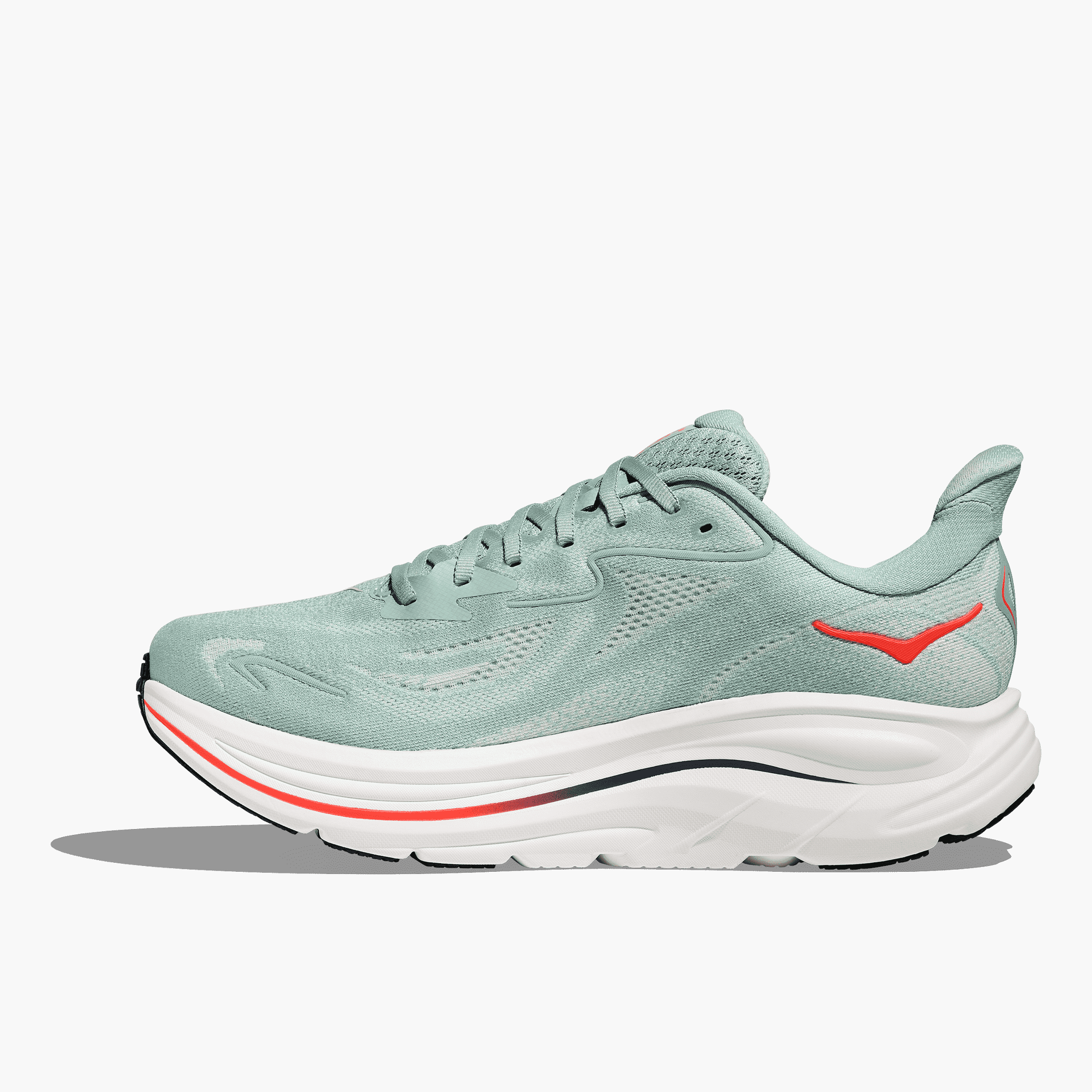 Medial angle shot of Men's Clifton 10 in Sage / Neon Flame