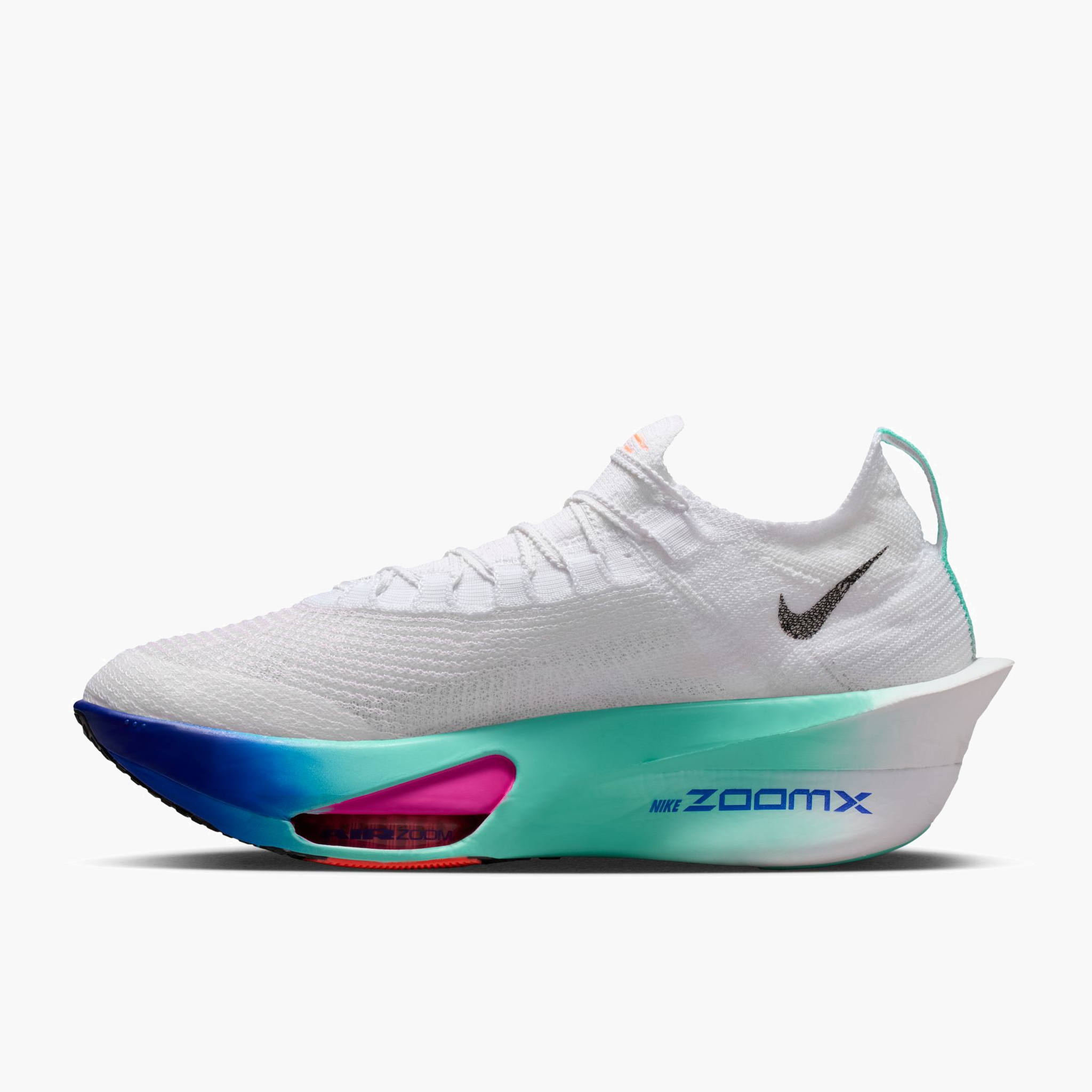 Medial angle shot of Men's Alphafly 3 in White / Black-Hyper Turq-Concord