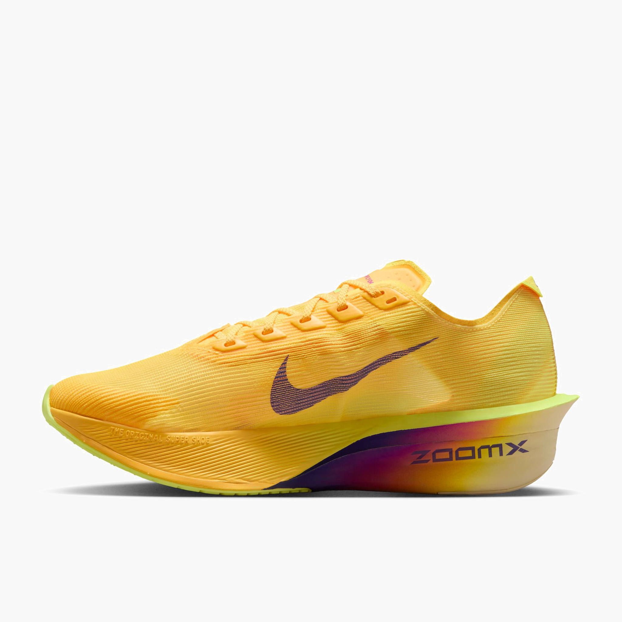 Medial angle shot of Women's Vaporfly 4 in Citron Pulse / Indigo Burst-Laser Orange