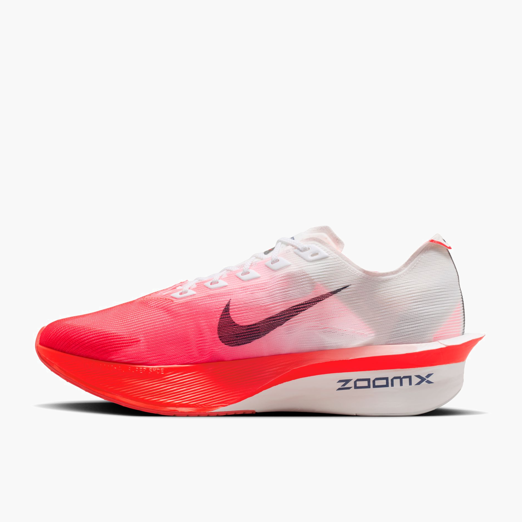 Medial angle shot of Men's Vaporfly 4 in White / Midnight Navy-Bright Crimson